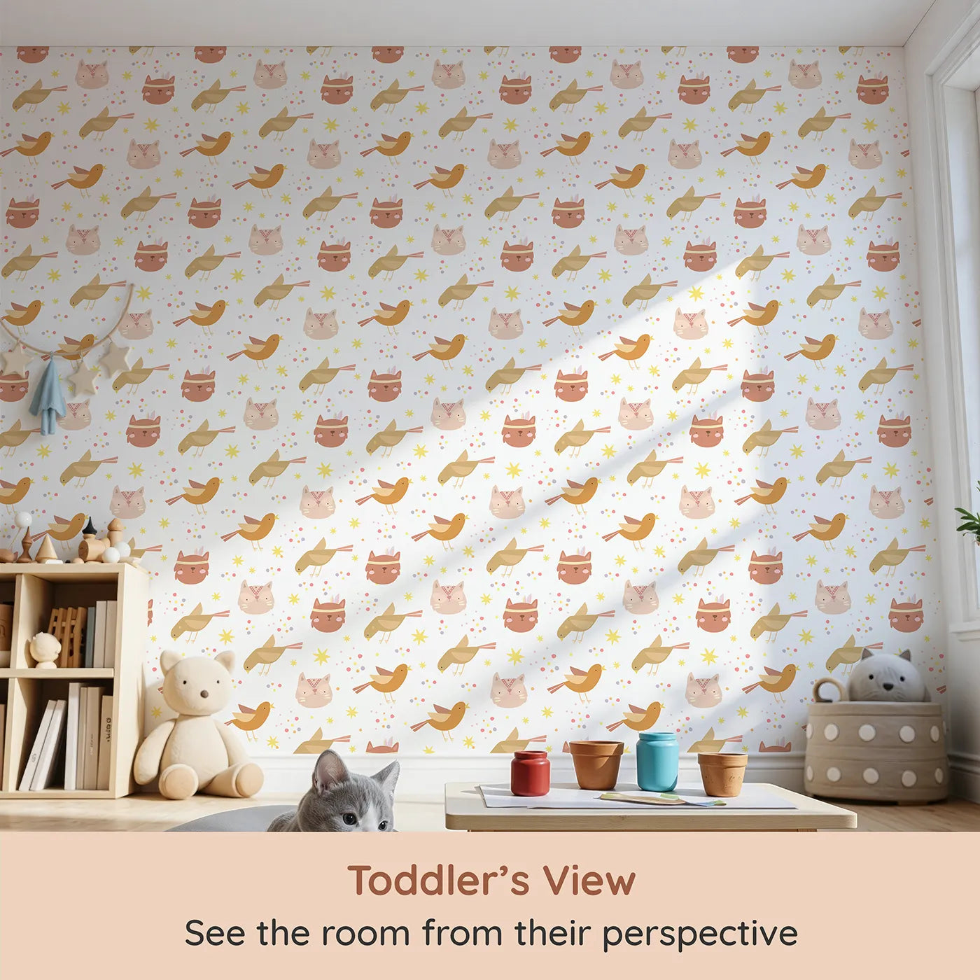Whimsy Tots Feathered Friends and Fuzzy Faces Parade Wallpaper in White (W3158A) from your child's view.Singing birds and friendly critters fill their walls with joy and wonder.