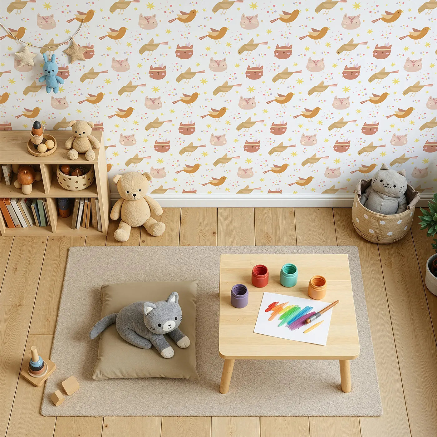 Top-Down view of Whimsy Tots' Feathered Friends and Fuzzy Faces Parade Wallpaper in White (W3158A).Singing birds and friendly critters fill their walls with joy and wonder.