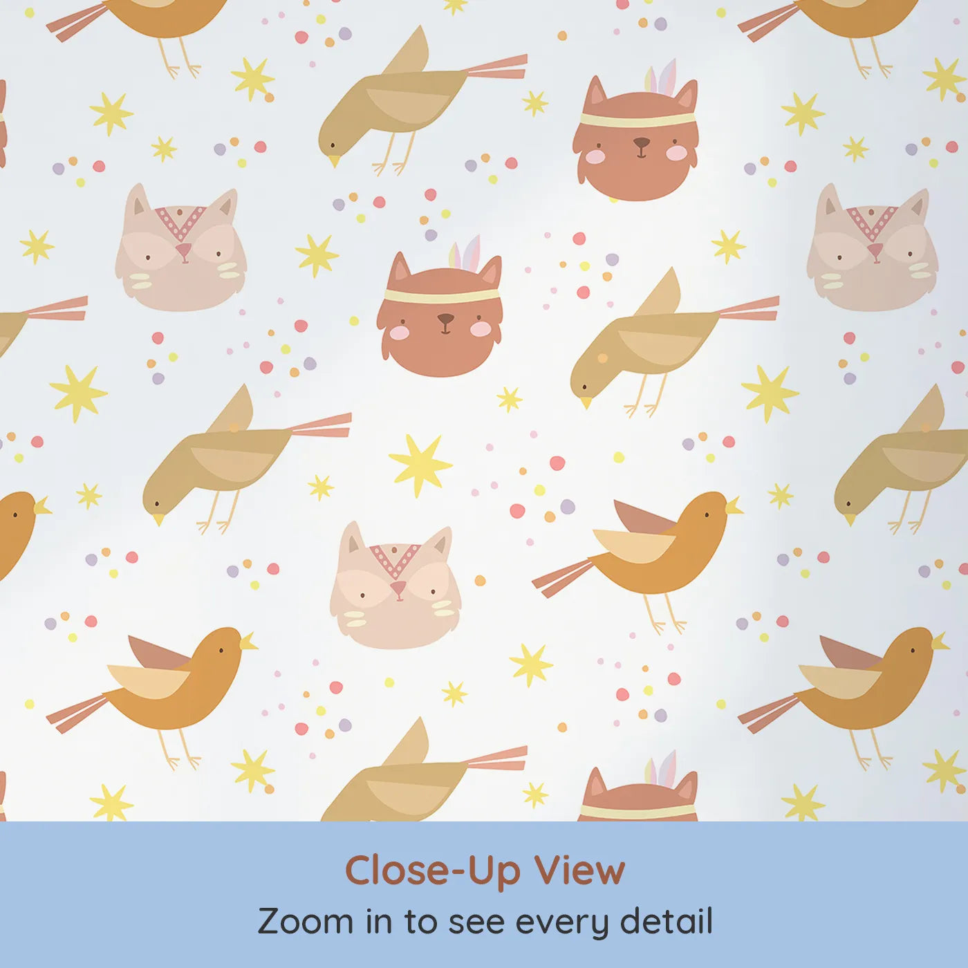 Close-up view of Whimsy Tots' Feathered Friends and Fuzzy Faces Parade Wallpaper in White (W3158A).Singing birds and friendly critters fill their walls with joy and wonder.