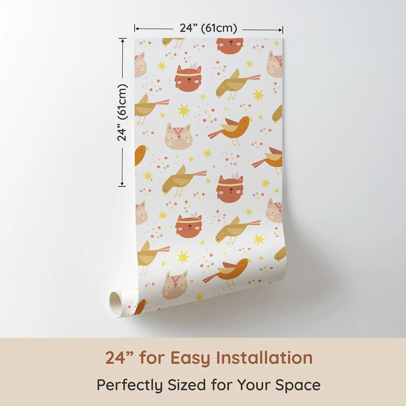 Dimension view of Whimsy Tots Feathered Friends and Fuzzy Faces Parade Wallpaper in White (W3158A). Printed in 24-inch-wide panel for easy installation. Singing birds and friendly critters fill their walls with joy and wonder.