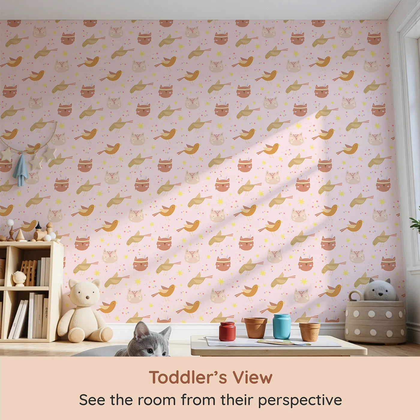 Whimsy Tots Feathered Friends and Fuzzy Faces Parade Wallpaper in Blush (W3158B) from your child's view.Foxes, birds, and kitten faces float through a confetti-pink sky.