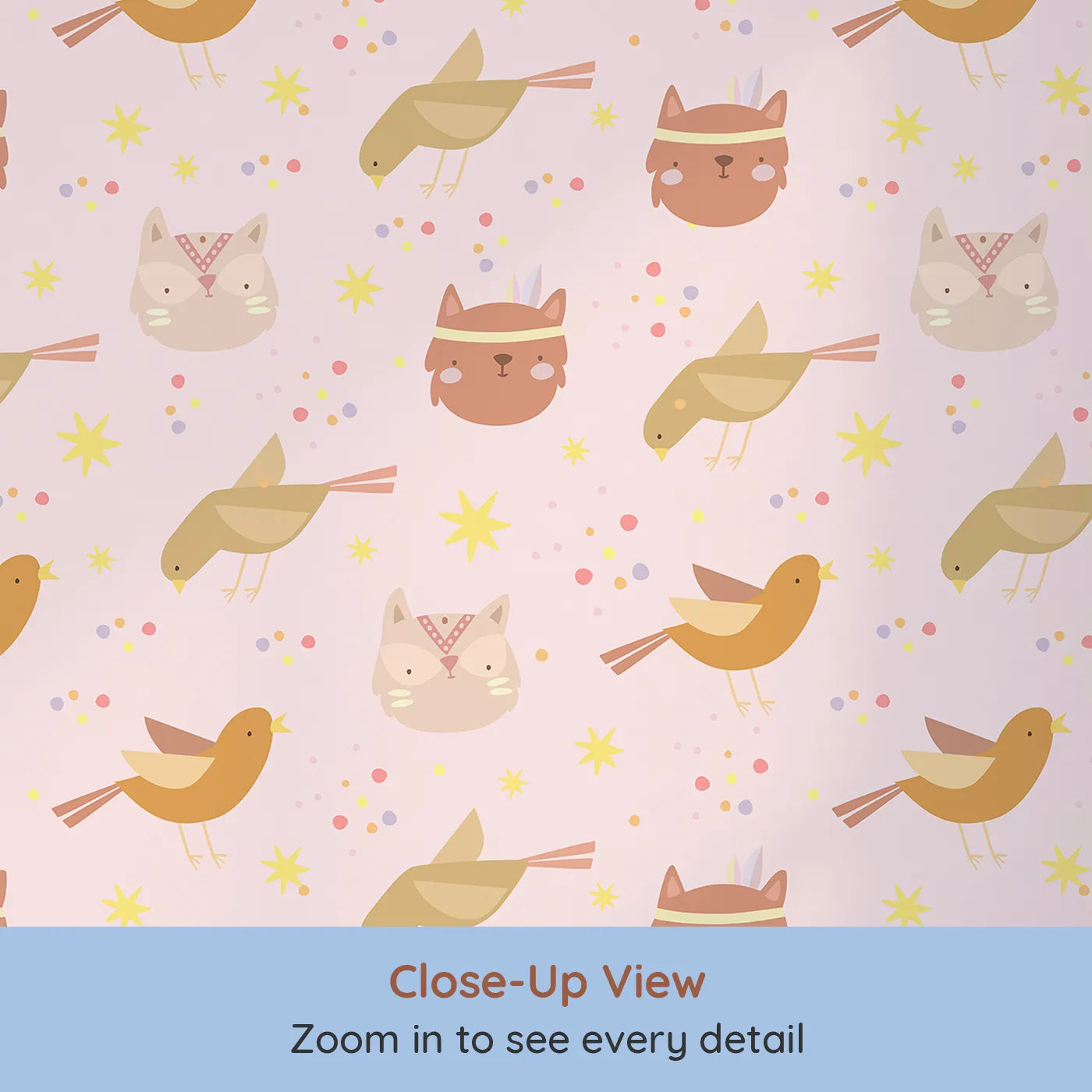 Close-up view of Whimsy Tots' Feathered Friends and Fuzzy Faces Parade Wallpaper in Blush (W3158B).Foxes, birds, and kitten faces float through a confetti-pink sky.