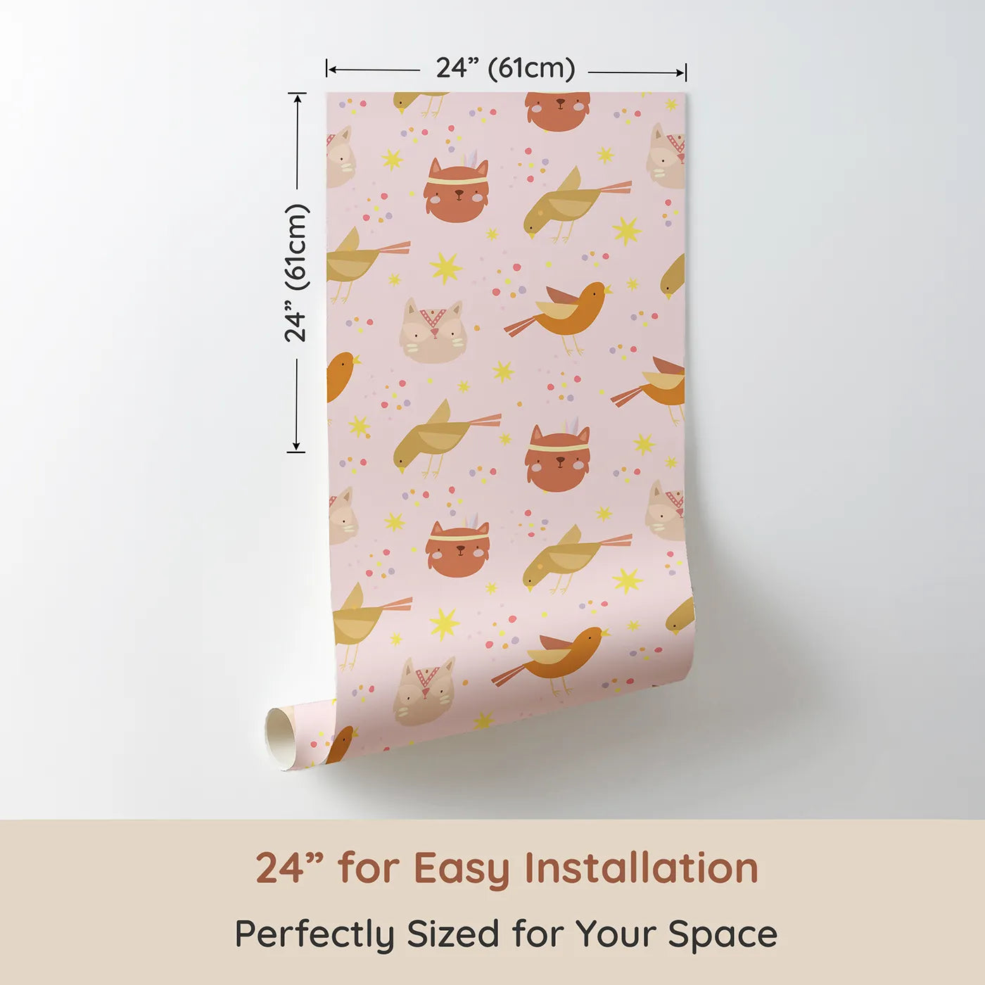 Dimension view of Whimsy Tots Feathered Friends and Fuzzy Faces Parade Wallpaper in Blush (W3158B). Printed in 24-inch-wide panel for easy installation. Foxes, birds, and kitten faces float through a confetti-pink sky.