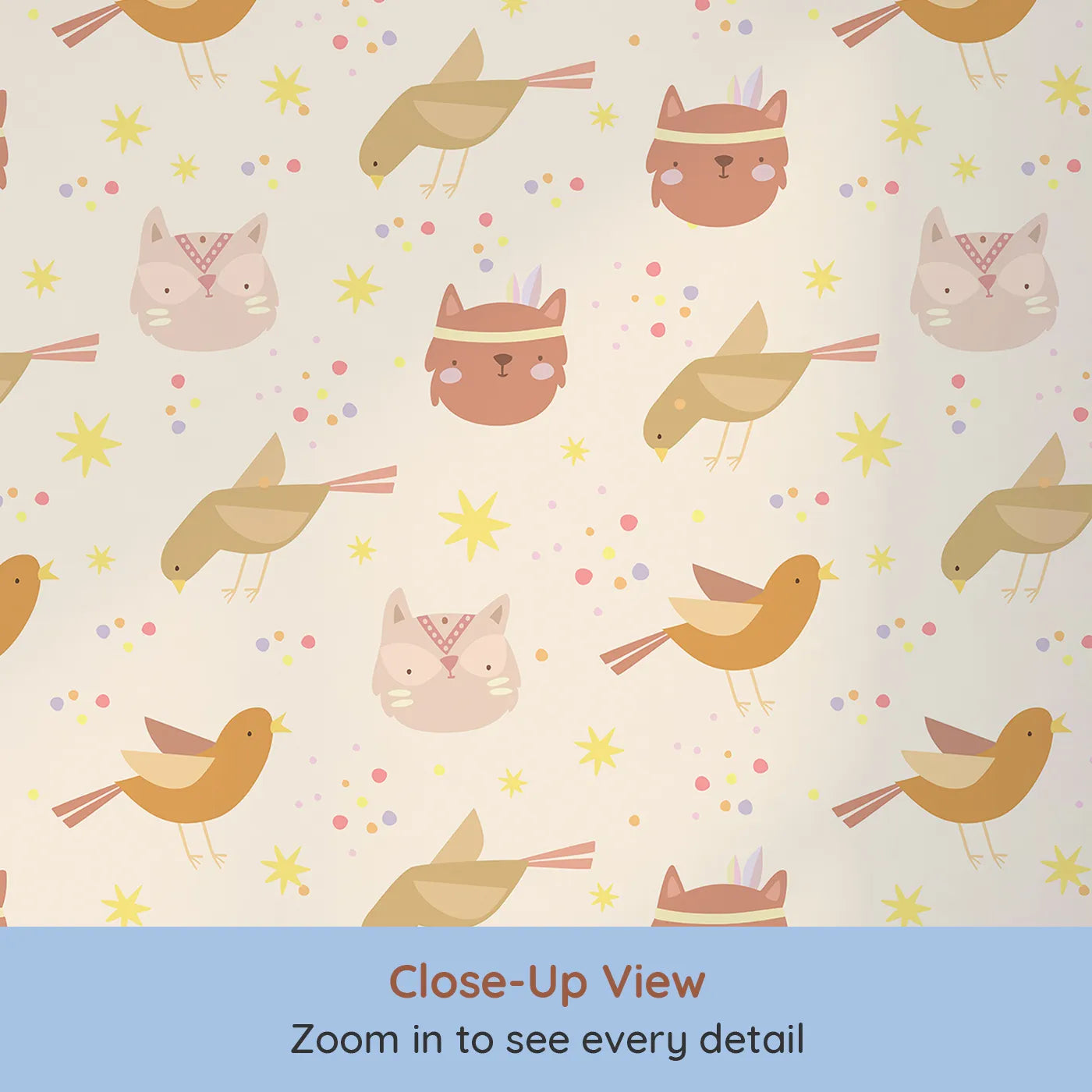 Close-up view of Whimsy Tots' Feathered Friends and Fuzzy Faces Parade Wallpaper in Cream (W3158C).Kittens, foxes, and birds float gently across a dreamy cream sky.