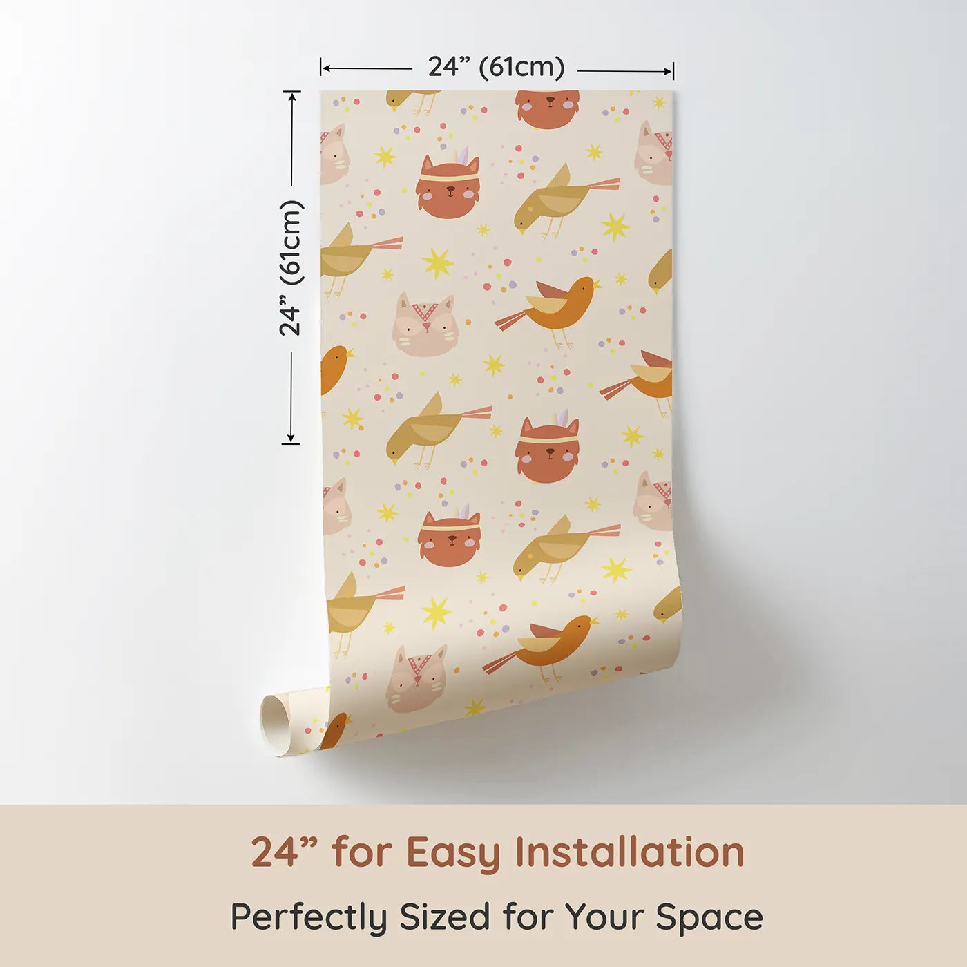 Dimension view of Whimsy Tots Feathered Friends and Fuzzy Faces Parade Wallpaper in Cream (W3158C). Printed in 24-inch-wide panel for easy installation. Kittens, foxes, and birds float gently across a dreamy cream sky.