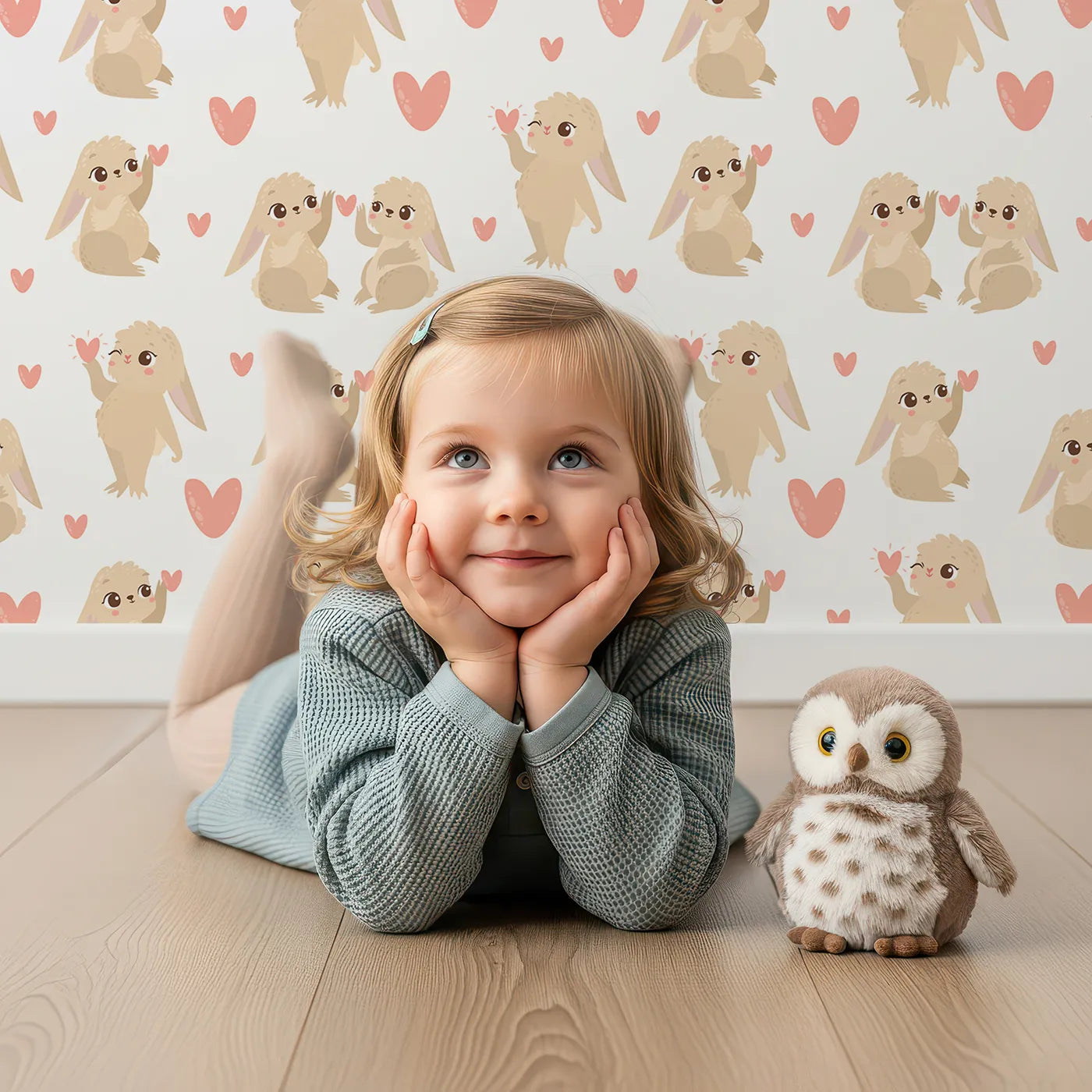 Lovely child standing in front of Whimsy Tots Heartful Bunny Parade Wallpaper in White with rabbit, heart in design.