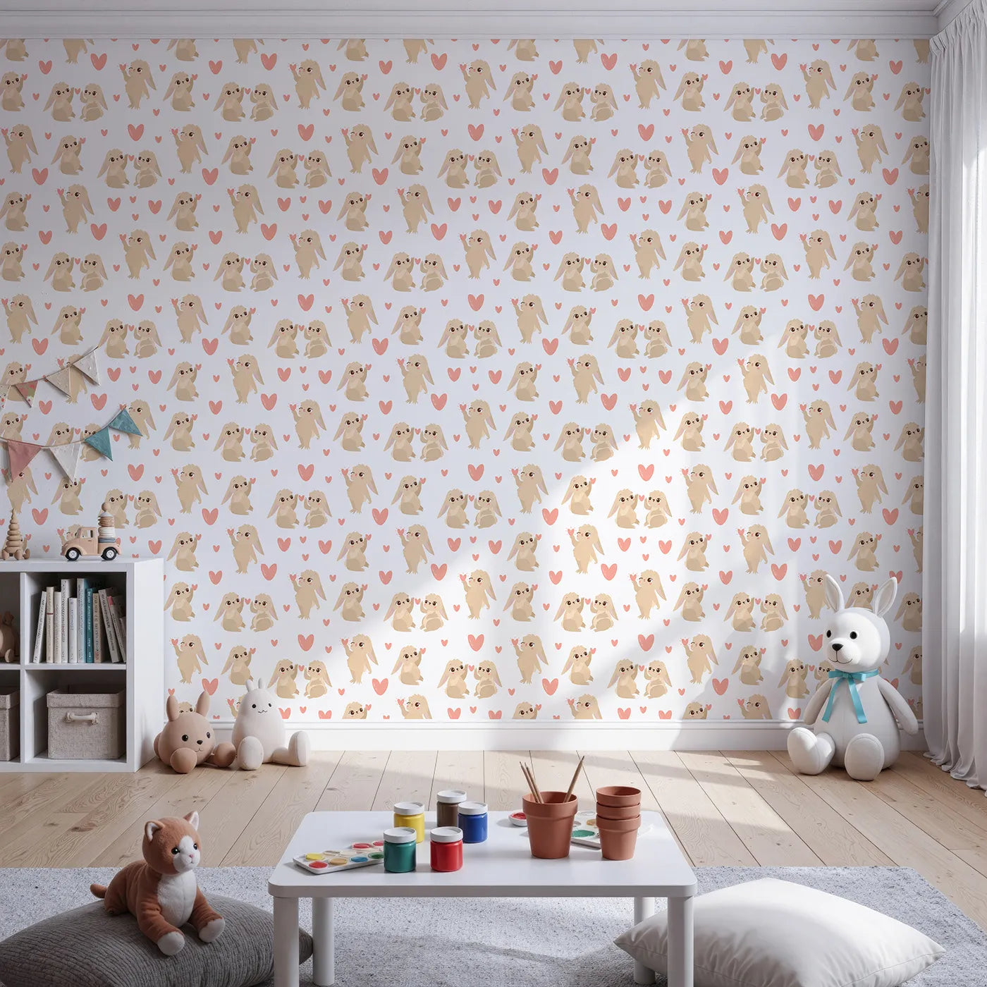 Front view of Whimsy Tots' Heartful Bunny Parade Wallpaper in White
