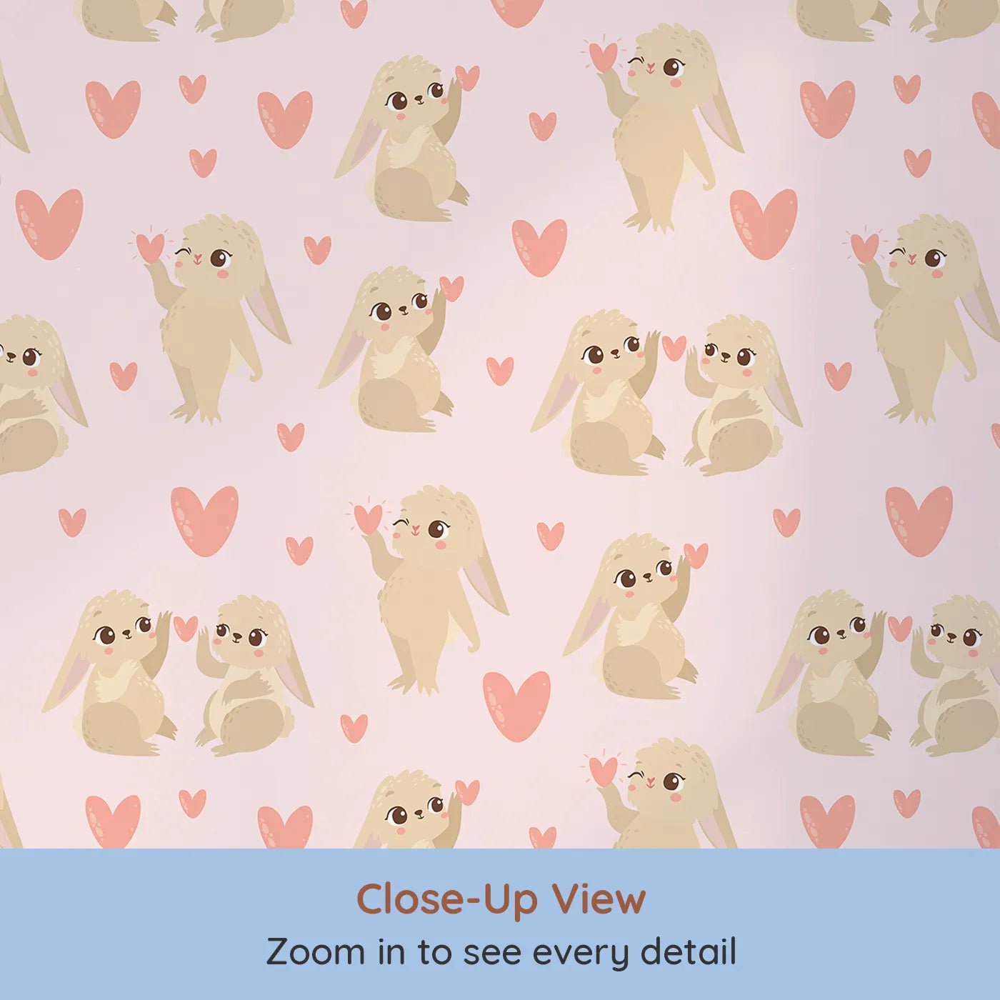 Close-up view of Whimsy Tots' Heartful Bunny Parade Wallpaper in Blush Pink (W3159B).Lovable bunnies hold pink hearts across a gentle blush sky.