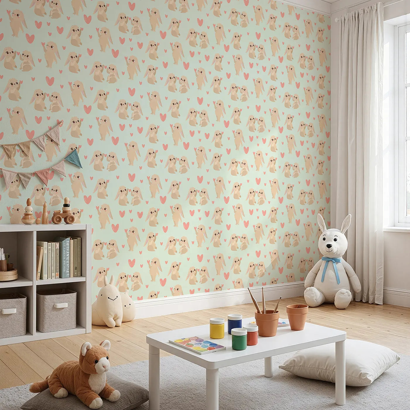 Angled view of Whimsy Tots' Heartful Bunny Parade Wallpaper in Mint Green (W3159D).Cuddly rabbits and rosy hearts dance on a fresh mint sky.
