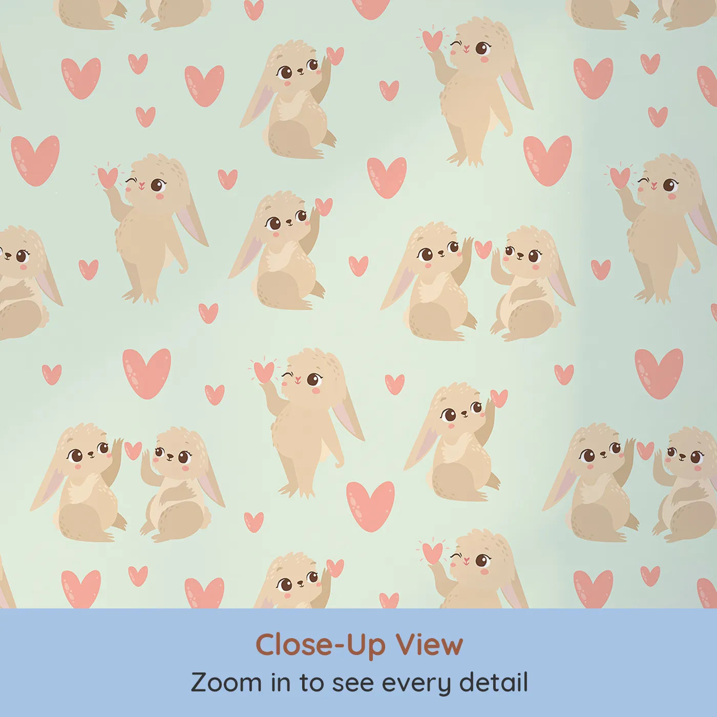 Close-up view of Whimsy Tots' Heartful Bunny Parade Wallpaper in Mint Green (W3159D).Cuddly rabbits and rosy hearts dance on a fresh mint sky.