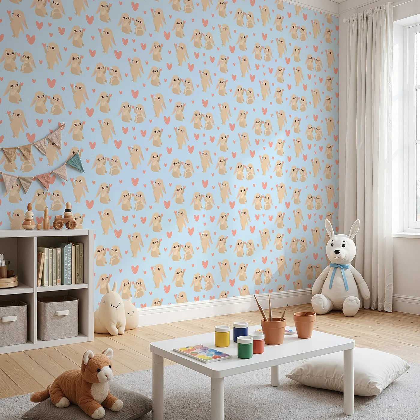 Angled view of Whimsy Tots' Heartful Bunny Parade Wallpaper in Sky Blue (W3159E).Happy bunnies and soft hearts float across a cheerful blue sky.