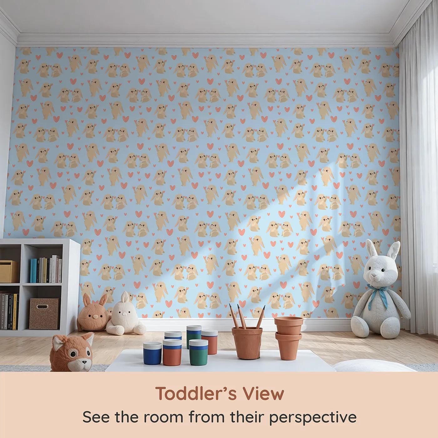 Whimsy Tots Heartful Bunny Parade Wallpaper in Sky Blue (W3159E) from your child's view.Happy bunnies and soft hearts float across a cheerful blue sky.