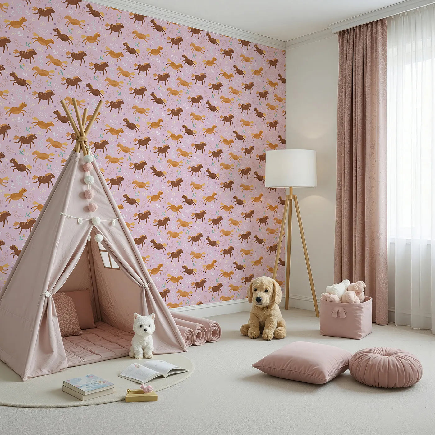 Angled view of Whimsy Tots' Dreamy Pony Meadow Wallpaper in Blush Pink (W3160A).Gentle ponies trot through a soft pink meadow sprinkled with blooms.