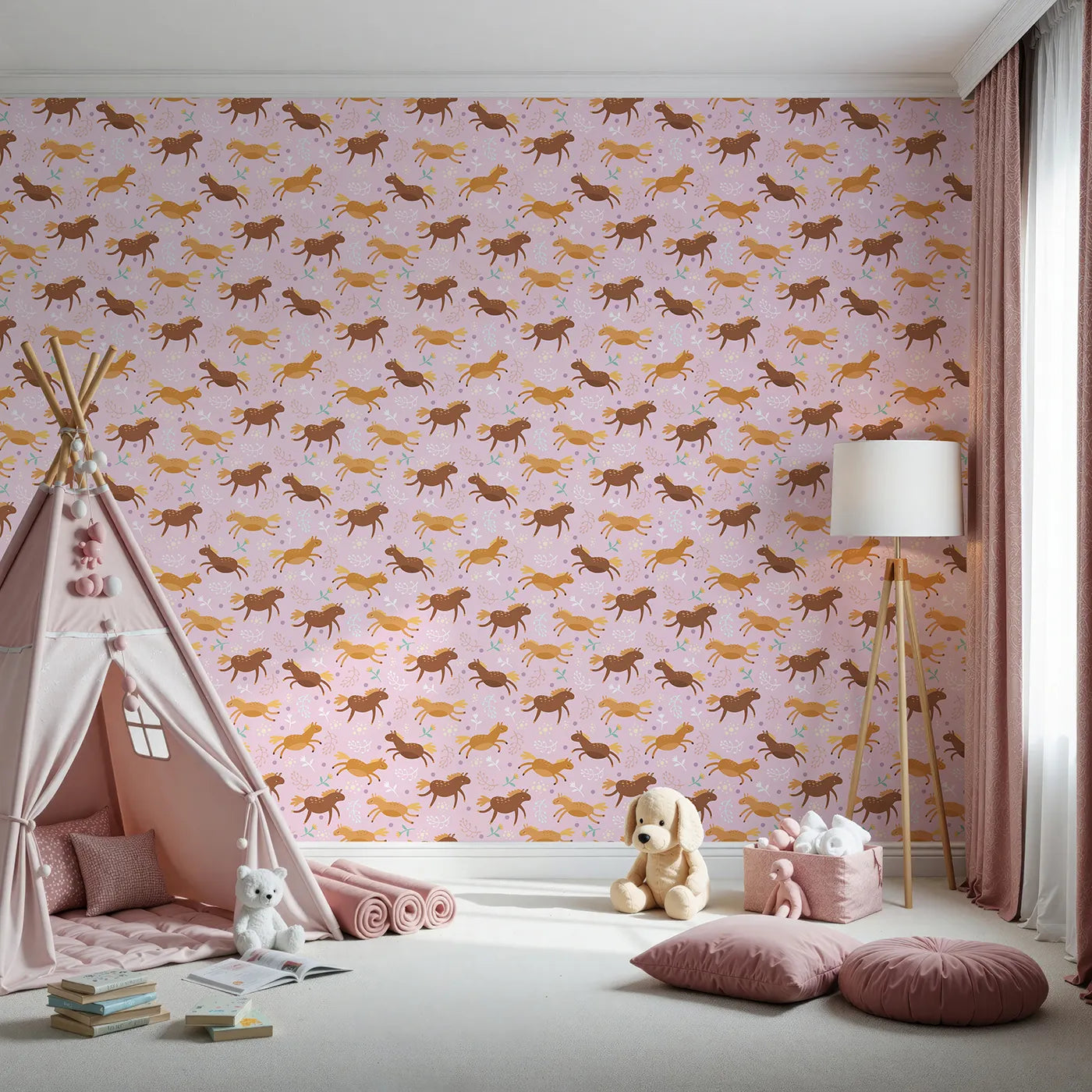 Front view of Whimsy Tots' Dreamy Pony Meadow Wallpaper in Blush Pink