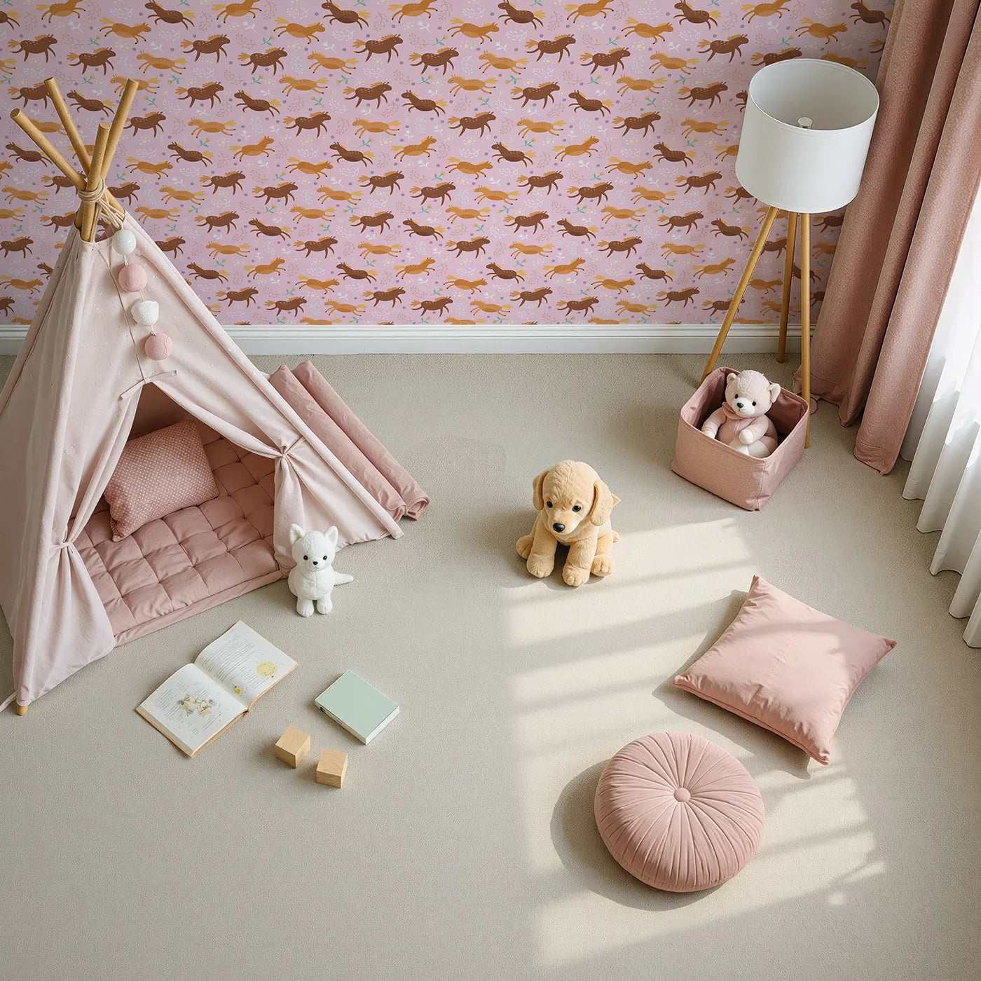 Top-Down view of Whimsy Tots' Dreamy Pony Meadow Wallpaper in Blush Pink (W3160A).Gentle ponies trot through a soft pink meadow sprinkled with blooms.