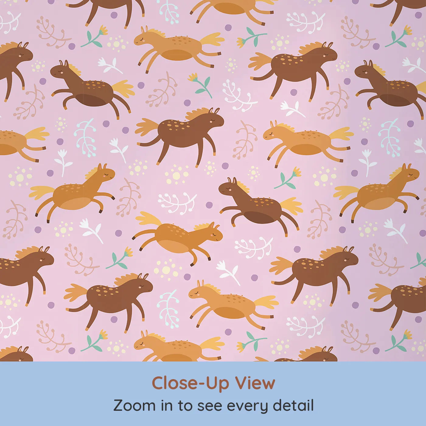 Close-up view of Whimsy Tots' Dreamy Pony Meadow Wallpaper in Blush Pink (W3160A).Gentle ponies trot through a soft pink meadow sprinkled with blooms.