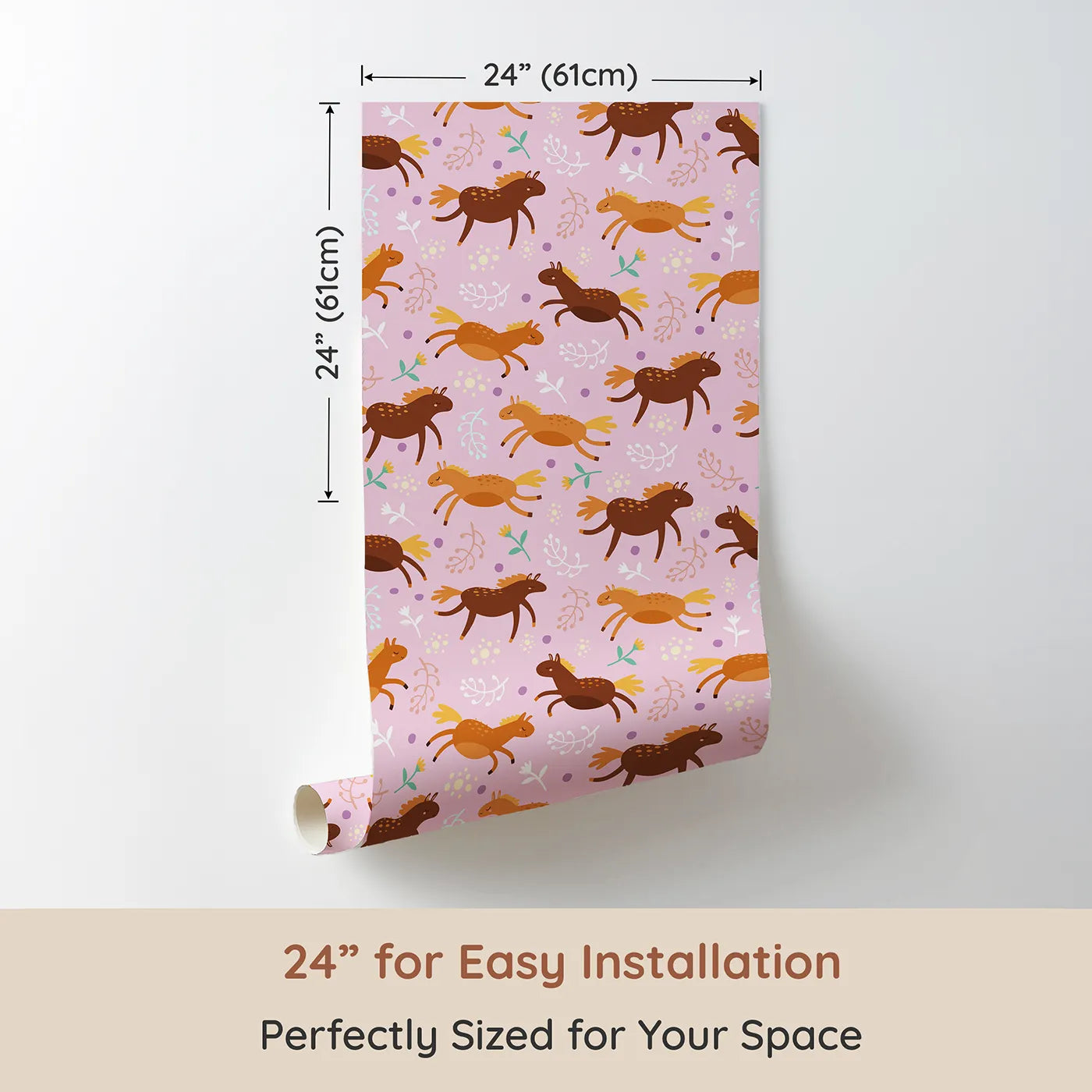 Dimension view of Whimsy Tots Dreamy Pony Meadow Wallpaper in Blush Pink (W3160A). Printed in 24-inch-wide panel for easy installation. Gentle ponies trot through a soft pink meadow sprinkled with blooms.