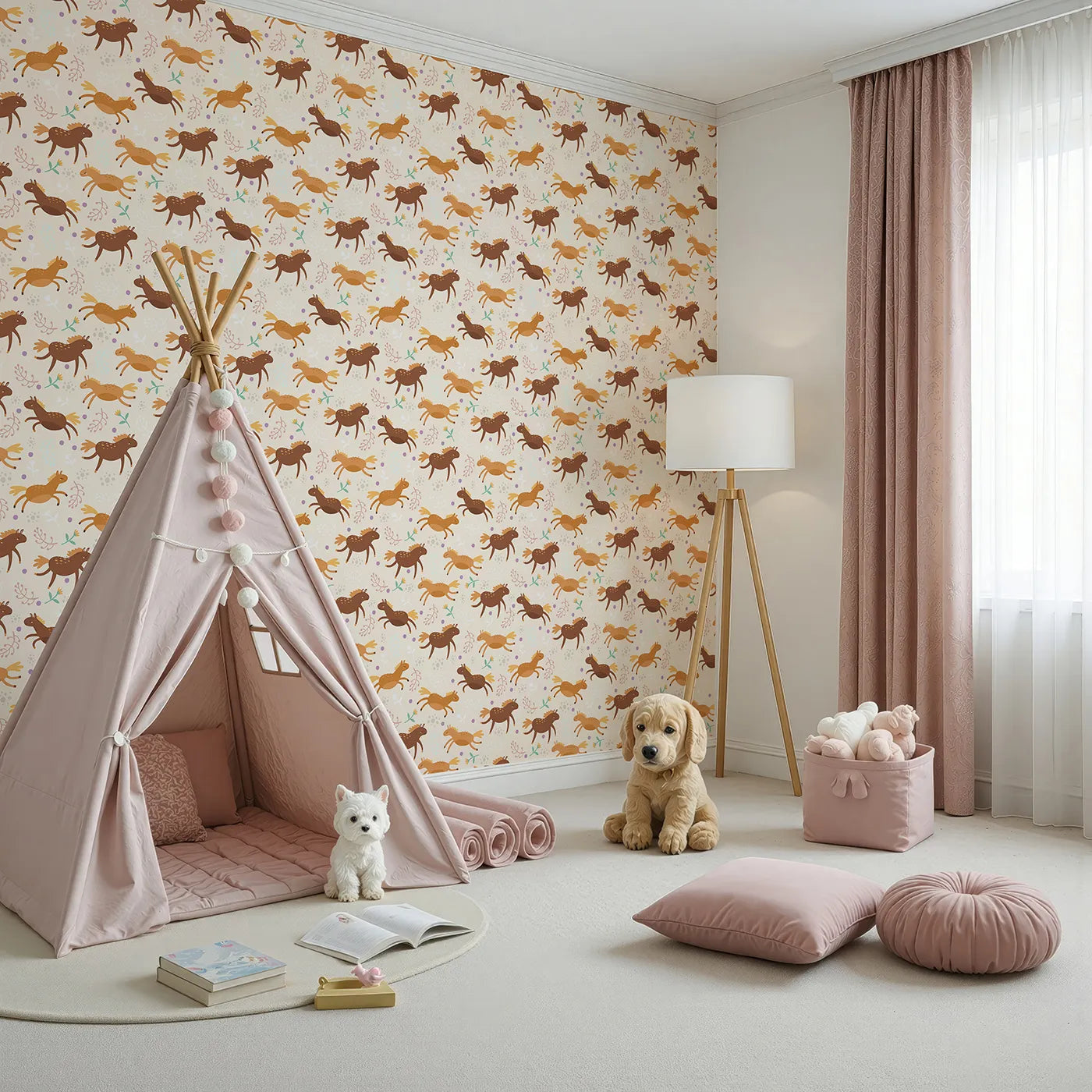 Angled view of Whimsy Tots' Dreamy Pony Meadow Wallpaper in Cream (W3160B).Smiling ponies gallop across a sun-kissed meadow of blossoms and dots.