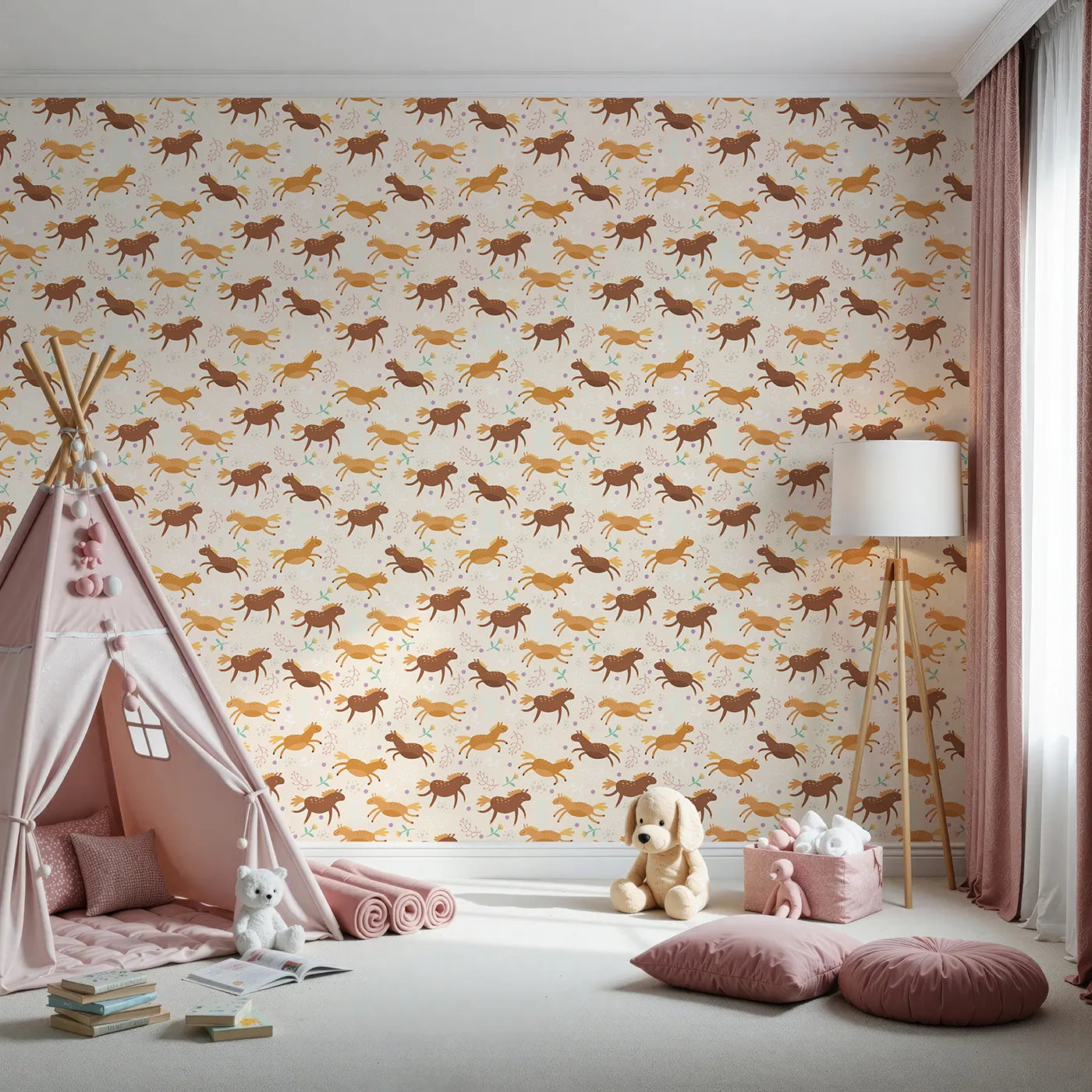 Front view of Whimsy Tots' Dreamy Pony Meadow Wallpaper in Cream