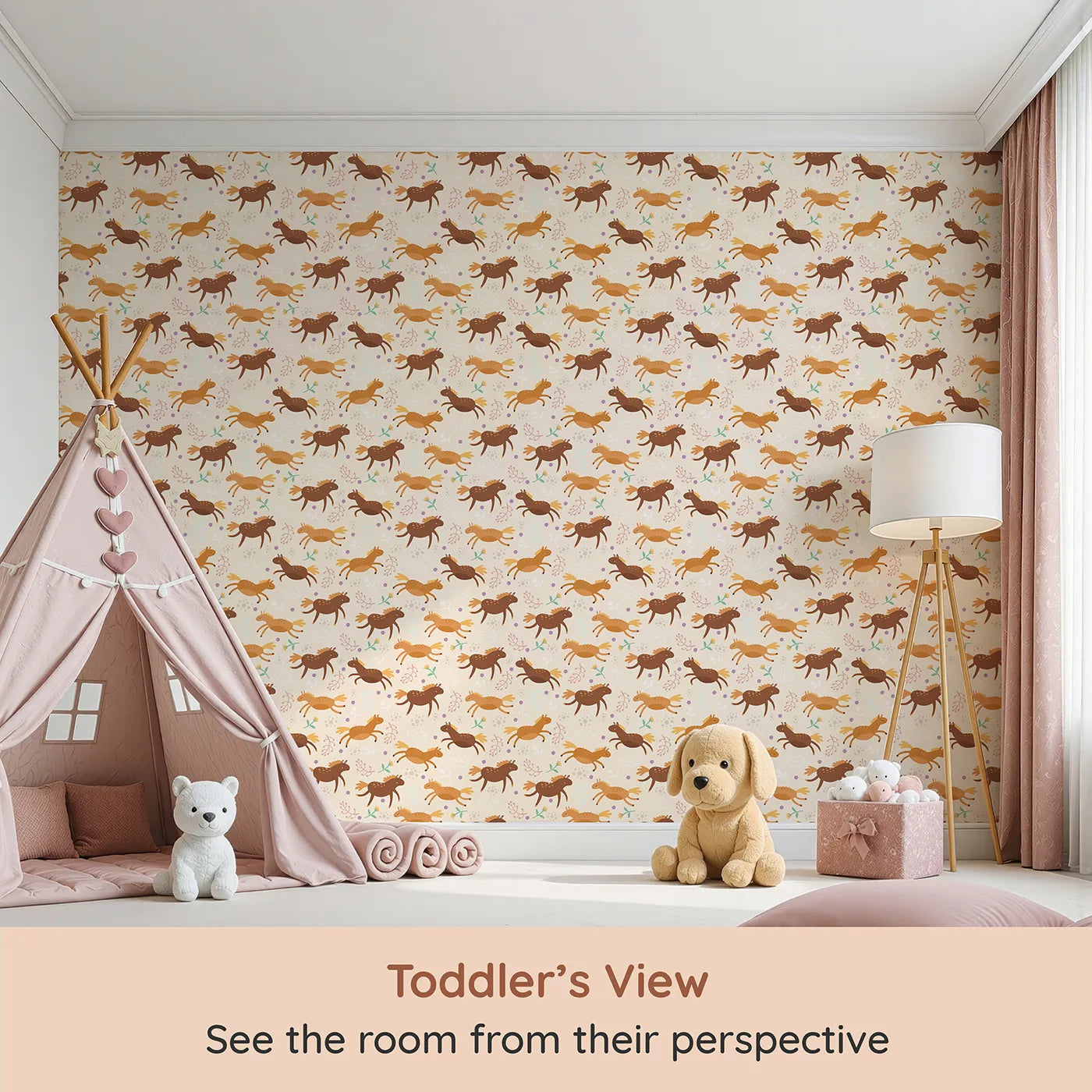 Whimsy Tots Dreamy Pony Meadow Wallpaper in Cream (W3160B) from your child's view.Smiling ponies gallop across a sun-kissed meadow of blossoms and dots.