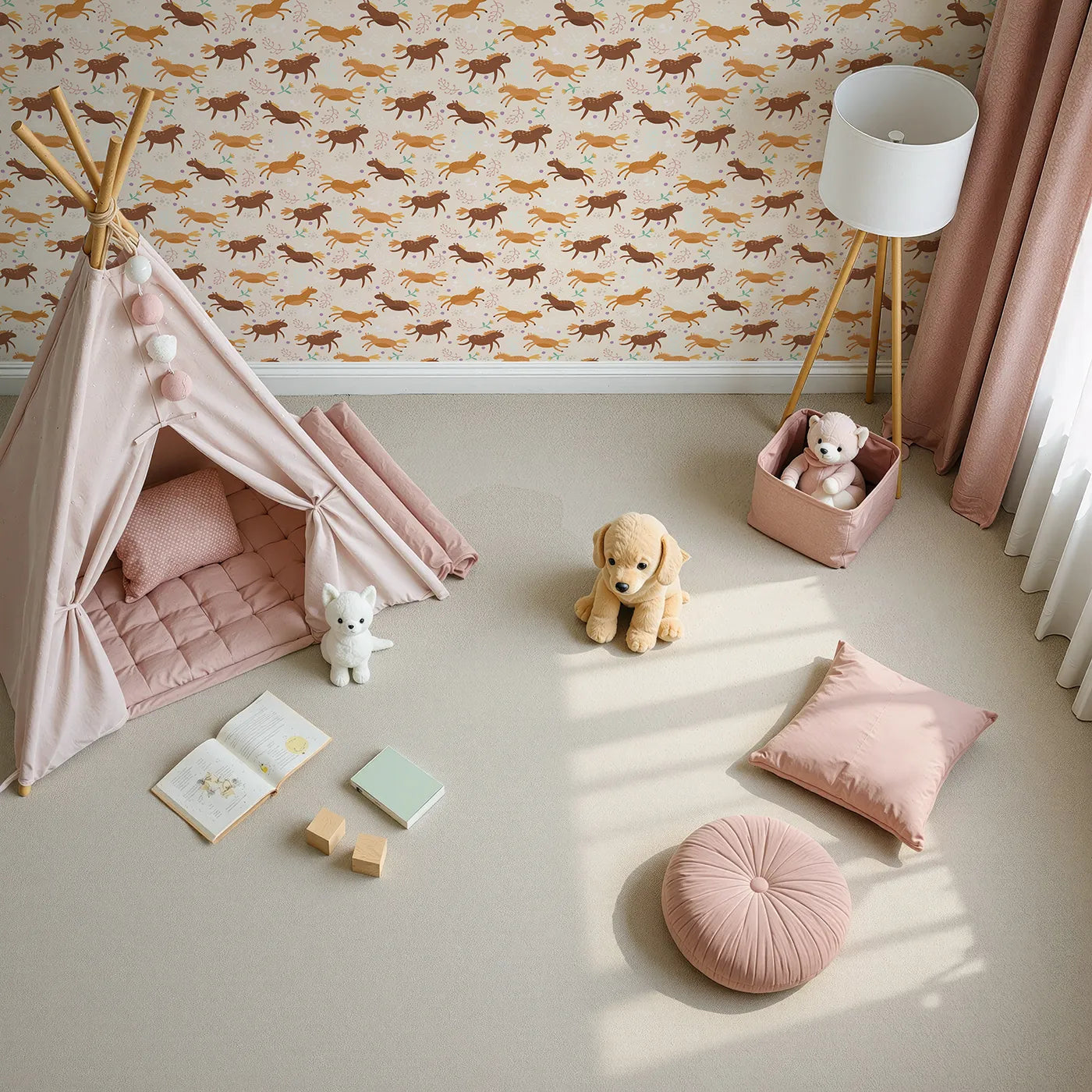 Top-Down view of Whimsy Tots' Dreamy Pony Meadow Wallpaper in Cream (W3160B).Smiling ponies gallop across a sun-kissed meadow of blossoms and dots.