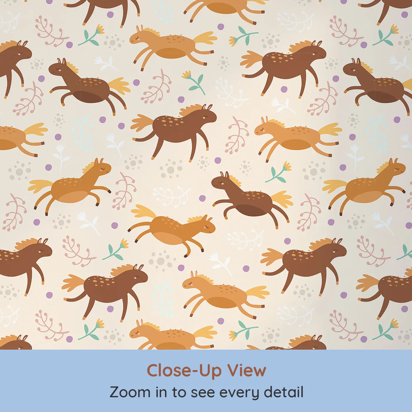 Close-up view of Whimsy Tots' Dreamy Pony Meadow Wallpaper in Cream (W3160B).Smiling ponies gallop across a sun-kissed meadow of blossoms and dots.