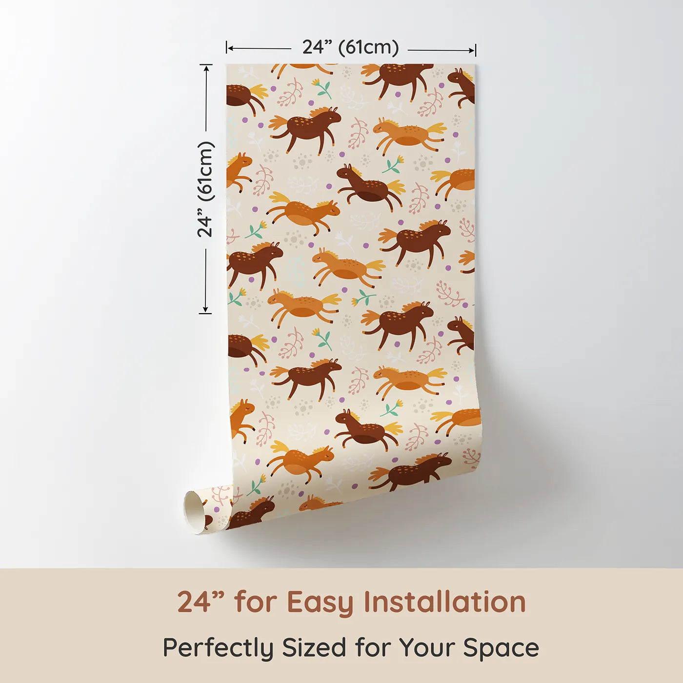 Dimension view of Whimsy Tots Dreamy Pony Meadow Wallpaper in Cream (W3160B). Printed in 24-inch-wide panel for easy installation. Smiling ponies gallop across a sun-kissed meadow of blossoms and dots.