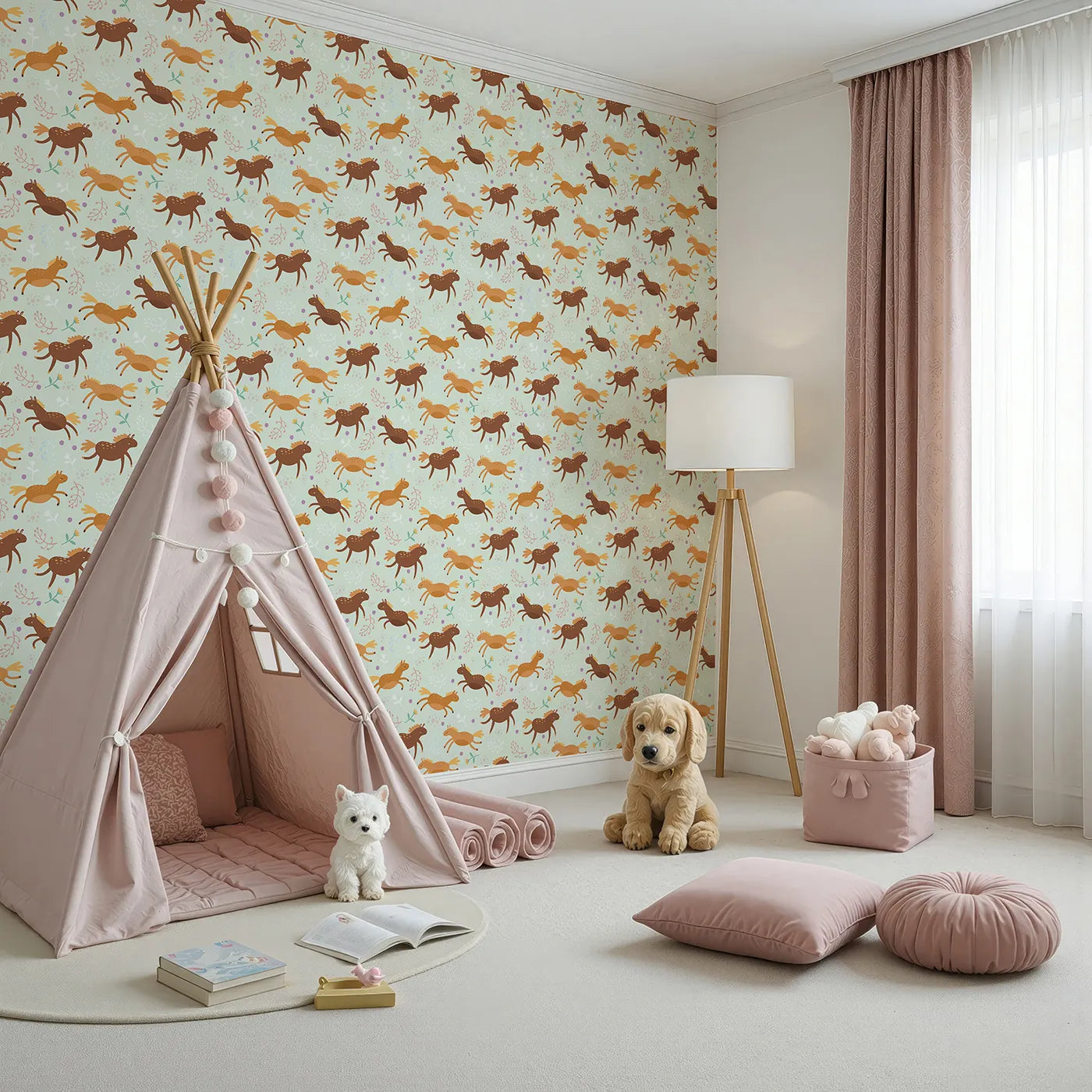 Angled view of Whimsy Tots' Dreamy Pony Meadow Wallpaper in Soft Mint Green (W3160C).Warm brown and golden ponies trot peacefully through a meadow of pastel leaves and dots.