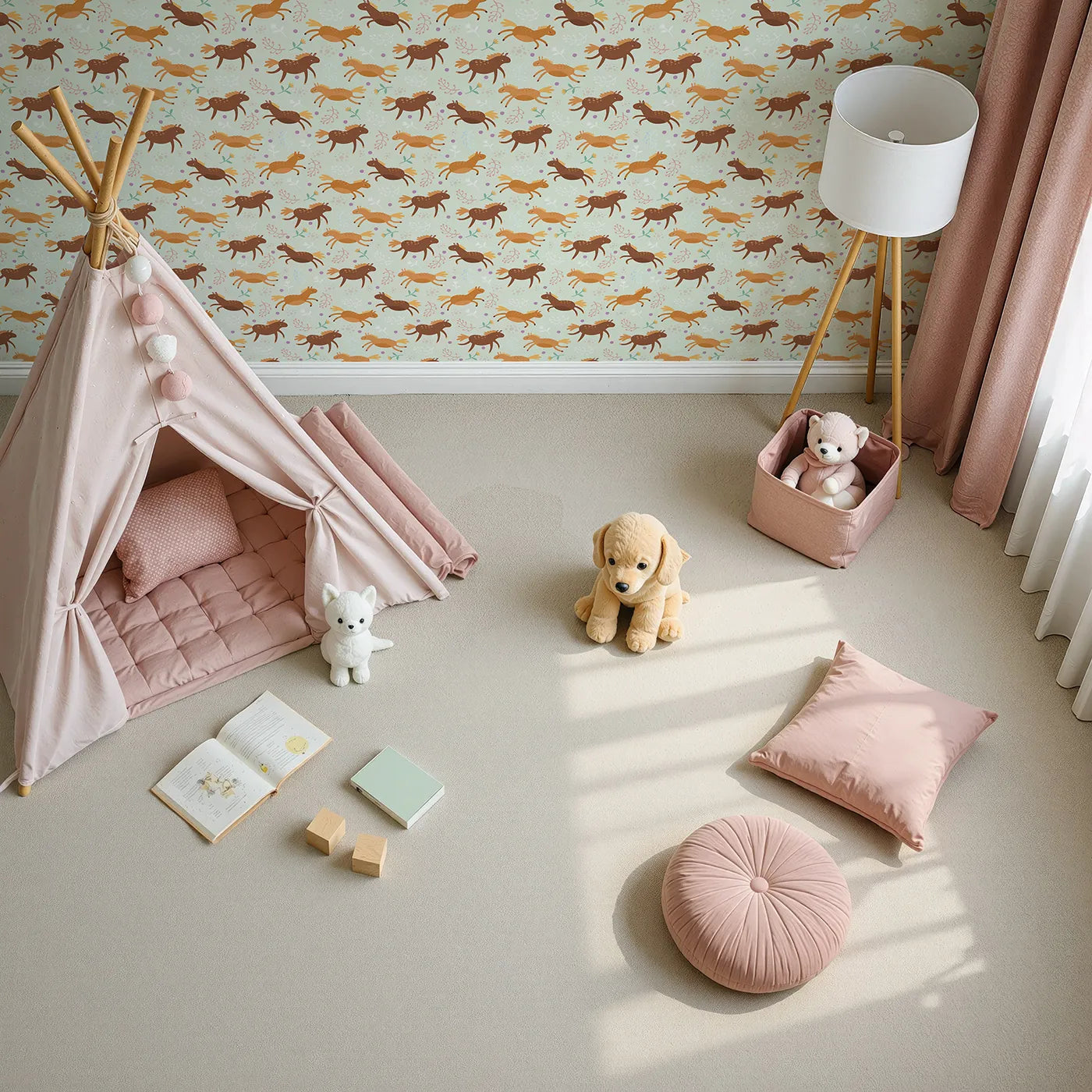 Top-Down view of Whimsy Tots' Dreamy Pony Meadow Wallpaper in Soft Mint Green (W3160C).Warm brown and golden ponies trot peacefully through a meadow of pastel leaves and dots.