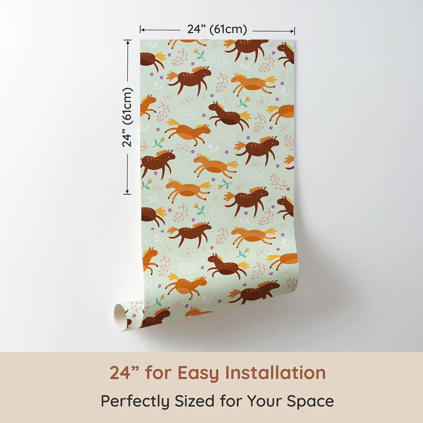 Dimension view of Whimsy Tots Dreamy Pony Meadow Wallpaper in Soft Mint Green (W3160C). Printed in 24-inch-wide panel for easy installation. Warm brown and golden ponies trot peacefully through a meadow of pastel leaves and dots.