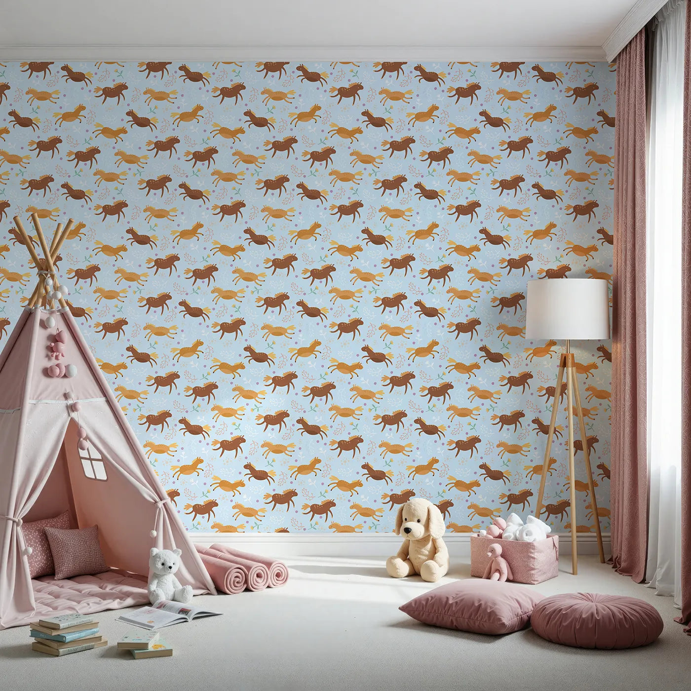 Front view of Whimsy Tots' Dreamy Pony Meadow Wallpaper in Sky Blue
