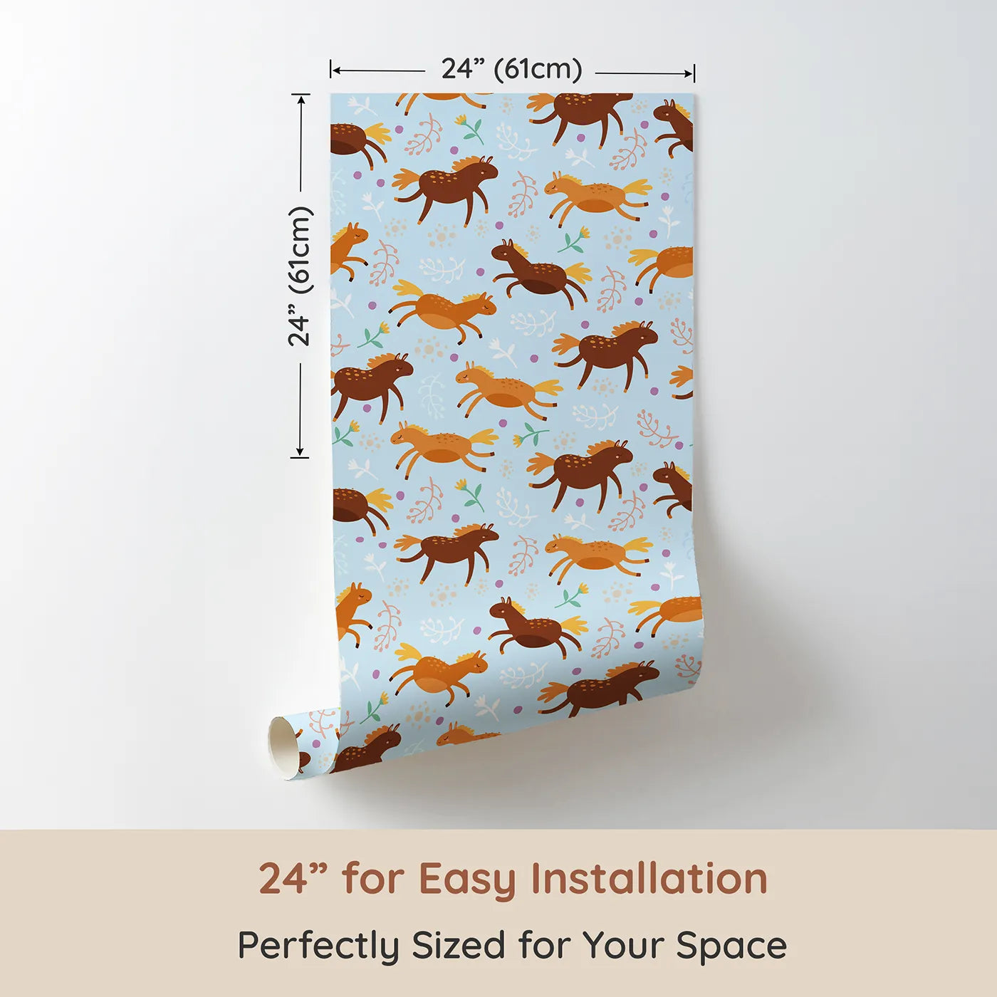 Dimension view of Whimsy Tots Dreamy Pony Meadow Wallpaper in Sky Blue (W3160D). Printed in 24-inch-wide panel for easy installation. Ponies prance freely through a blue sky of blooms and joy.