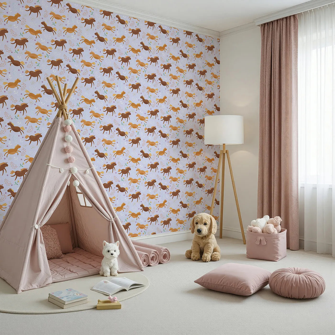Angled view of Whimsy Tots' Dreamy Pony Meadow Wallpaper in Lavender Sky (W3160E).Galloping ponies and tiny flowers bring joy and calm to every wall.