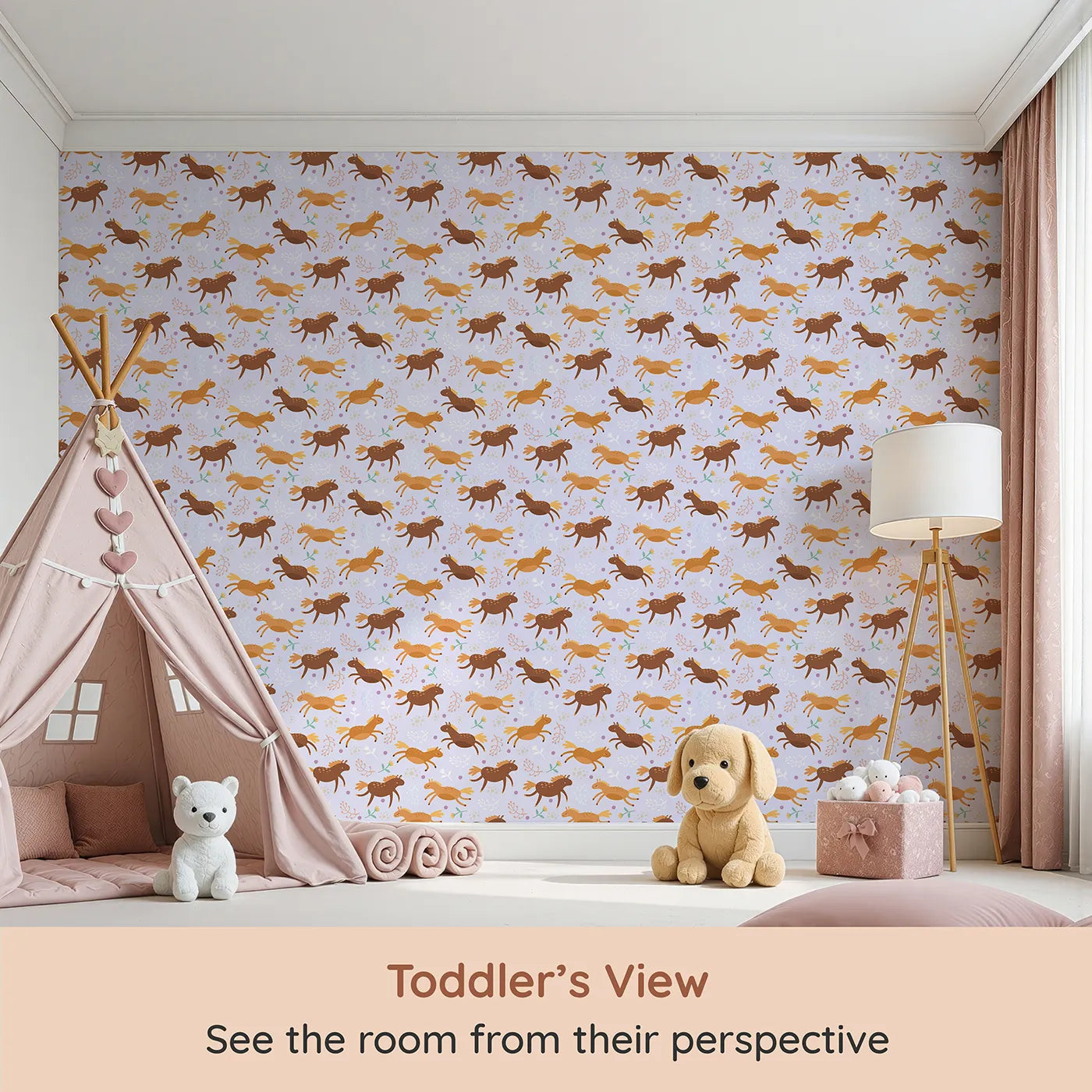 Whimsy Tots Dreamy Pony Meadow Wallpaper in Lavender Sky (W3160E) from your child's view.Galloping ponies and tiny flowers bring joy and calm to every wall.