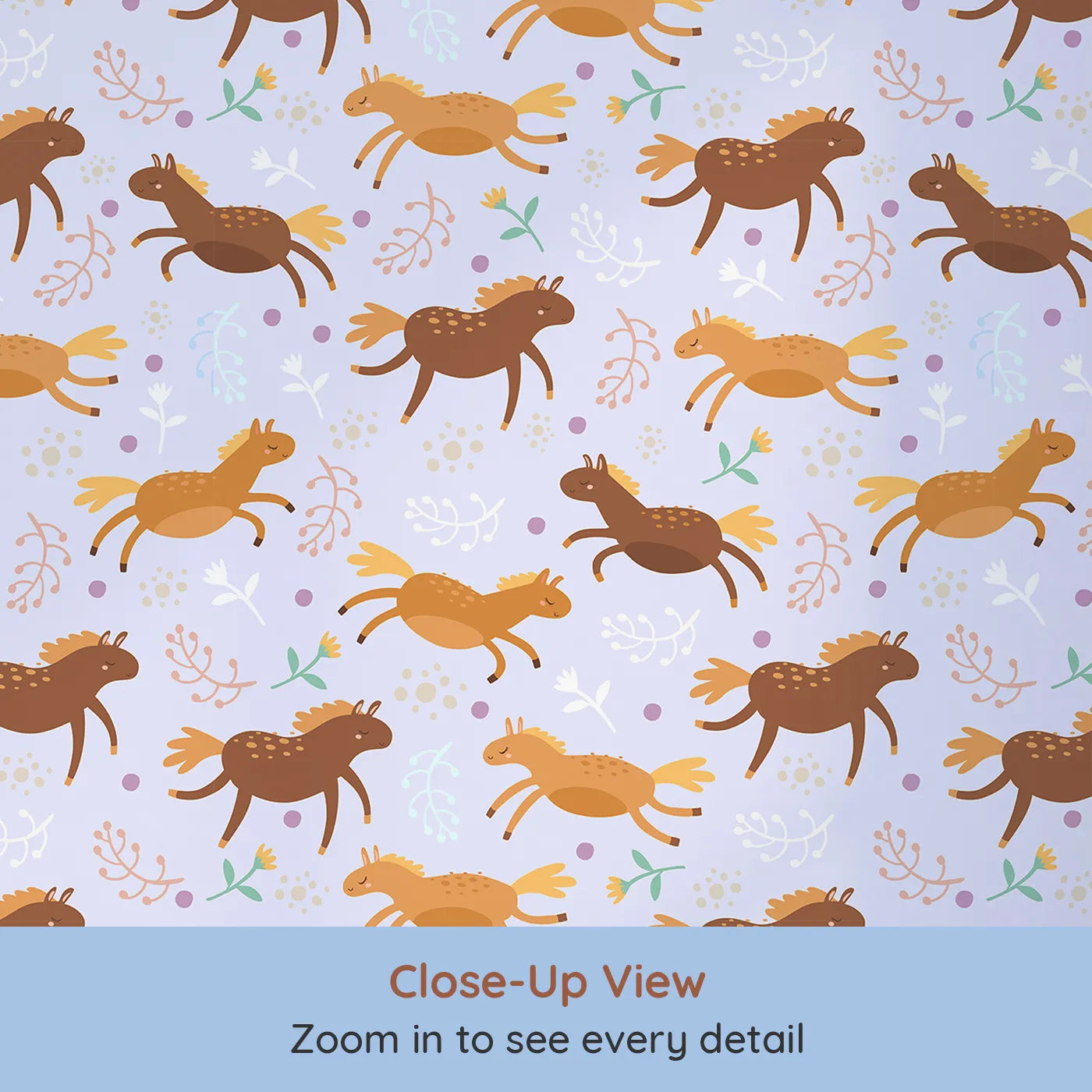 Close-up view of Whimsy Tots' Dreamy Pony Meadow Wallpaper in Lavender Sky (W3160E).Galloping ponies and tiny flowers bring joy and calm to every wall.