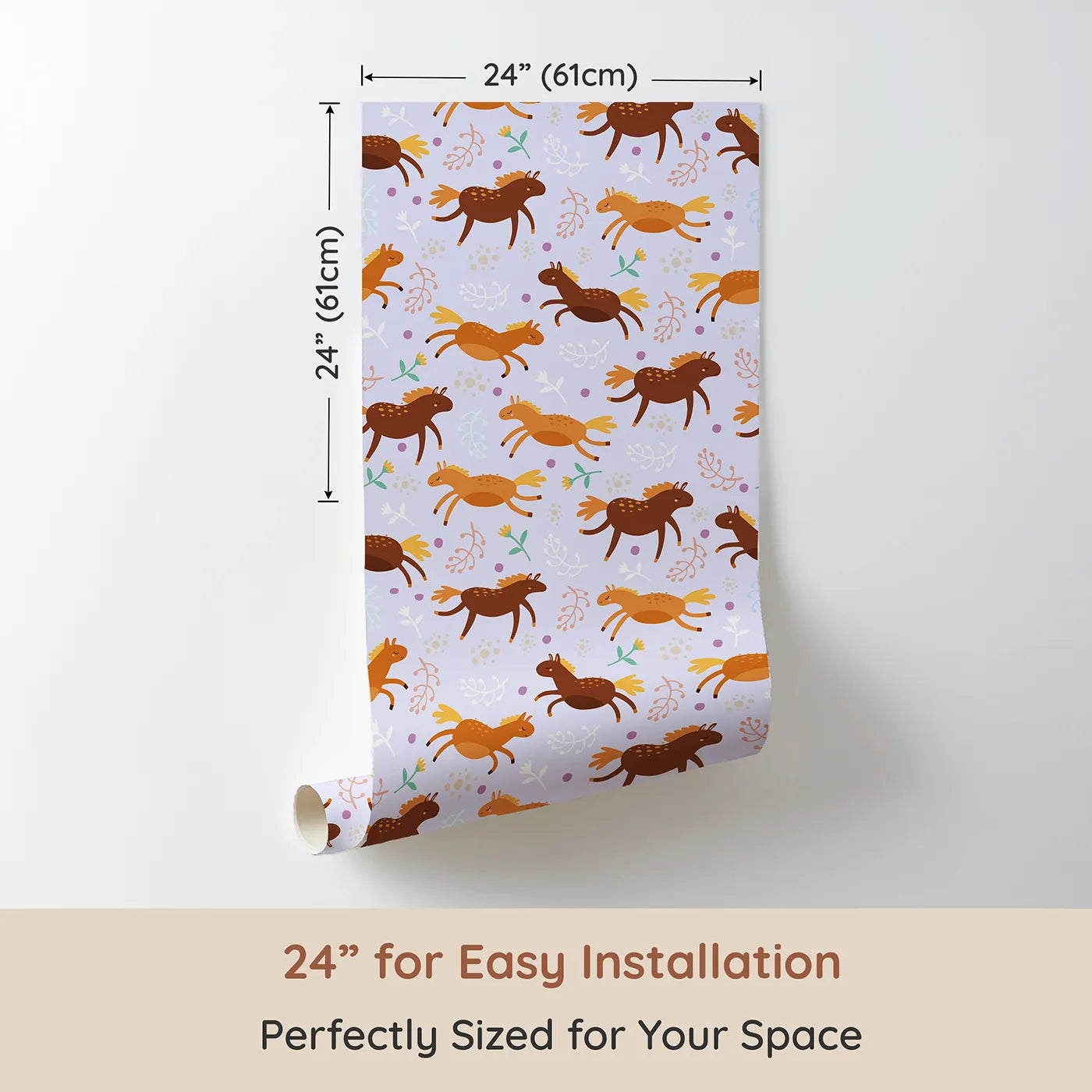 Dimension view of Whimsy Tots Dreamy Pony Meadow Wallpaper in Lavender Sky (W3160E). Printed in 24-inch-wide panel for easy installation. Galloping ponies and tiny flowers bring joy and calm to every wall.