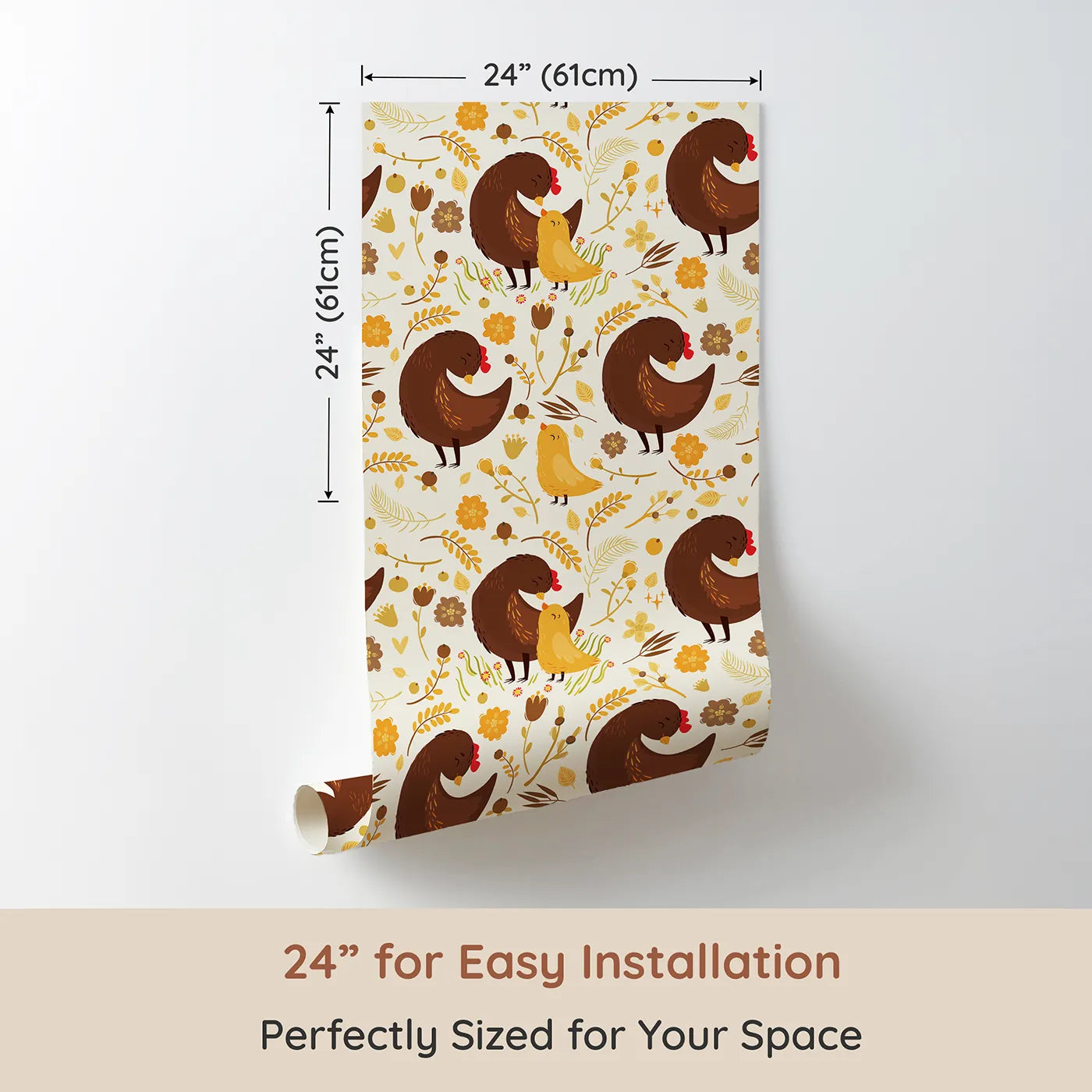 Dimension view of Whimsy Tots Hen and Chick Meadow Wallpaper in Cream Nest (W3161A). Printed in 24-inch-wide panel for easy installation. Snuggly hens and baby chicks bring warmth to every blooming corner.