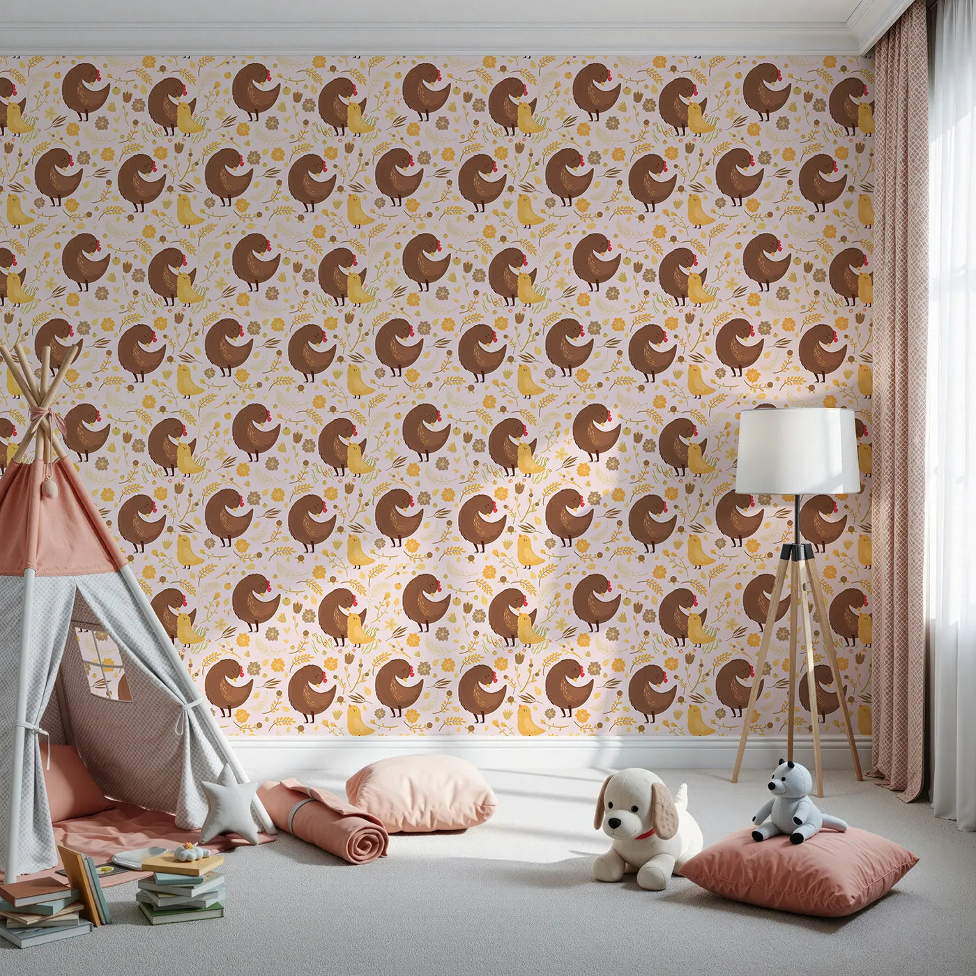 Front view of Whimsy Tots' Hen and Chick Meadow Wallpaper in Blush Nest Pink