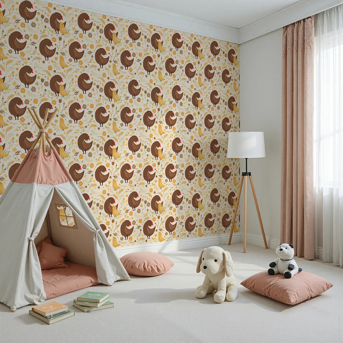 Angled view of Whimsy Tots' Hen and Chick Meadow Wallpaper in Honey Wheat Yellow (W3161C).Snuggly hens and fluffy chicks bloom in a cozy golden field.