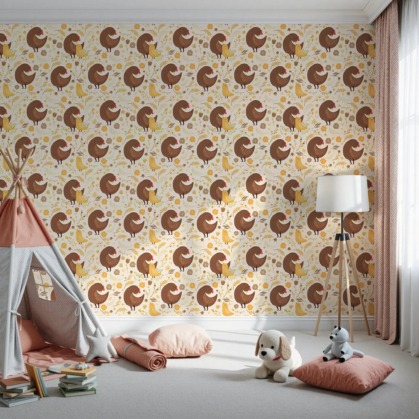 Front view of Whimsy Tots' Hen and Chick Meadow Wallpaper in Honey Wheat Yellow