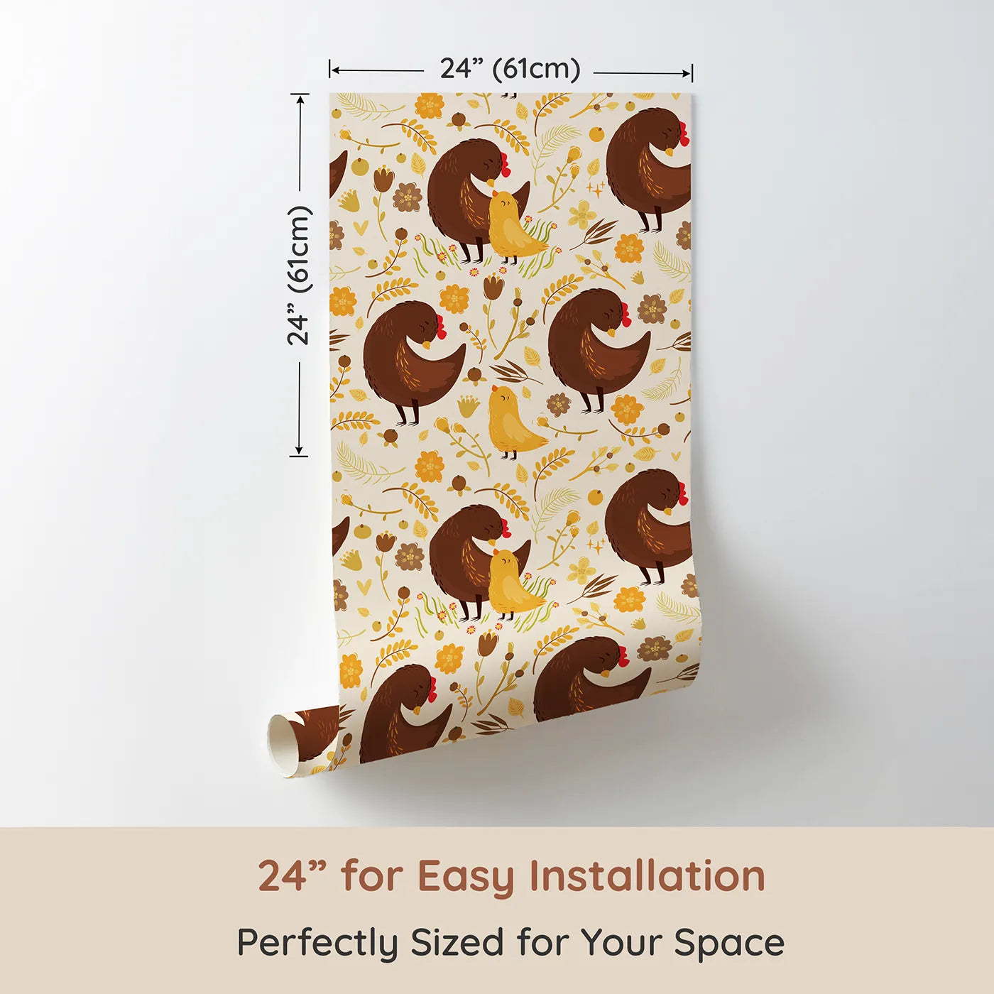 Dimension view of Whimsy Tots Hen and Chick Meadow Wallpaper in Honey Wheat Yellow (W3161C). Printed in 24-inch-wide panel for easy installation. Snuggly hens and fluffy chicks bloom in a cozy golden field.