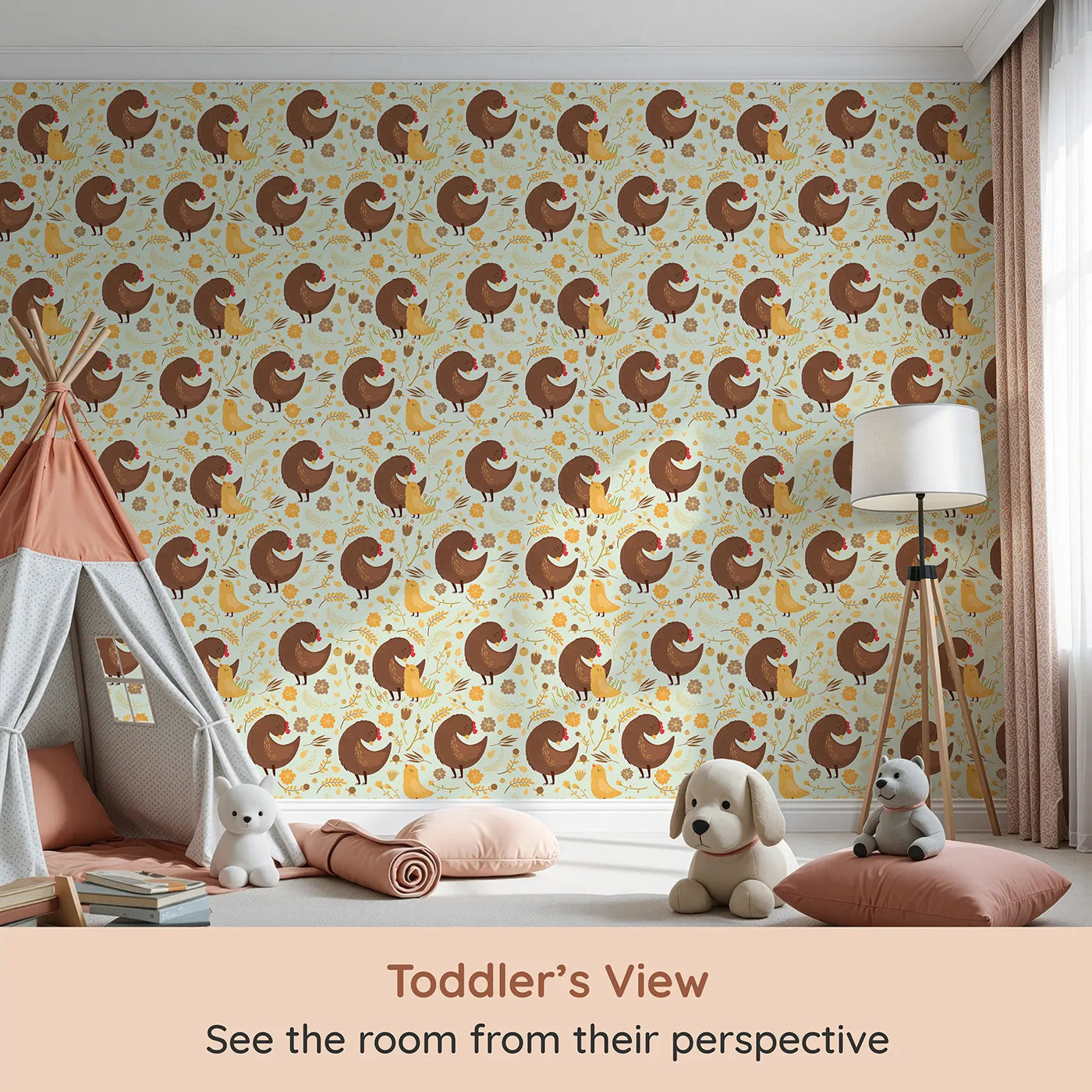Whimsy Tots Hen and Chick Meadow Wallpaper in Soft Sage Green (W3161D) from your child's view.Sweet chicks and hens bloom together in a pastel green field of love.