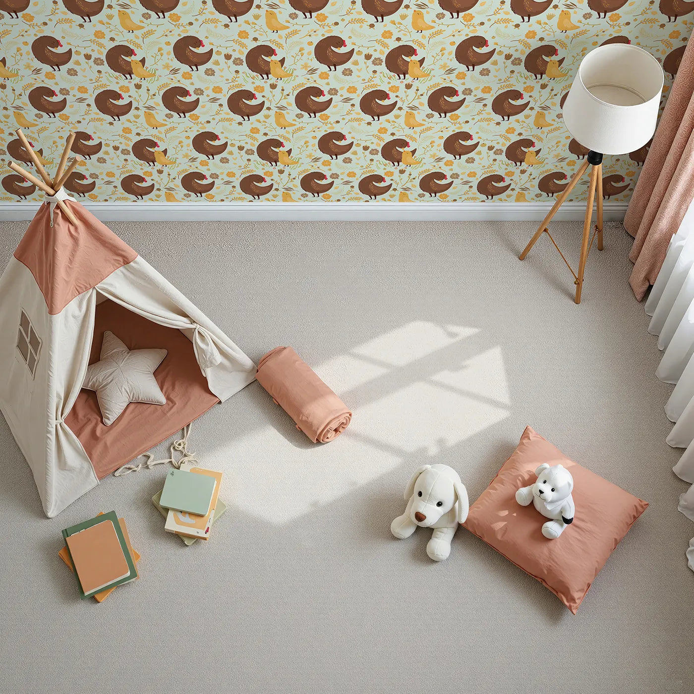 Top-Down view of Whimsy Tots' Hen and Chick Meadow Wallpaper in Soft Sage Green (W3161D).Sweet chicks and hens bloom together in a pastel green field of love.