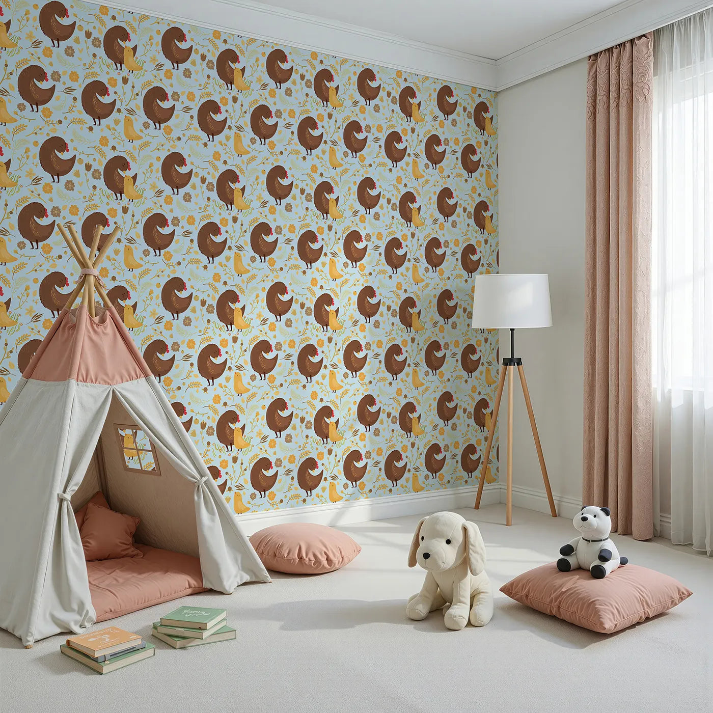 Angled view of Whimsy Tots' Hen and Chick Meadow Wallpaper in Sky Blue (W3161E).Fluffy chicks and cozy hens bloom across a gentle sky of love.