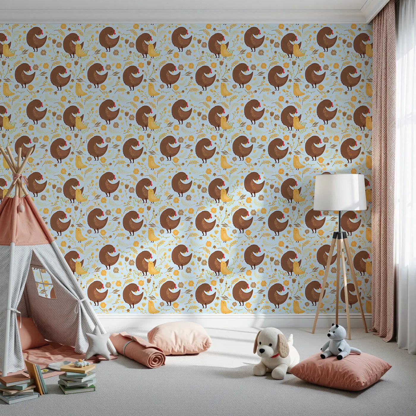 Front view of Whimsy Tots' Hen and Chick Meadow Wallpaper in Sky Blue
