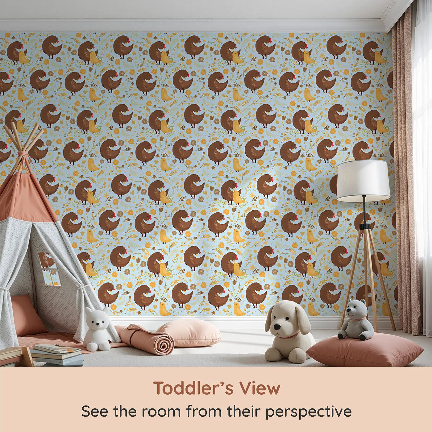 Whimsy Tots Hen and Chick Meadow Wallpaper in Sky Blue (W3161E) from your child's view.Fluffy chicks and cozy hens bloom across a gentle sky of love.