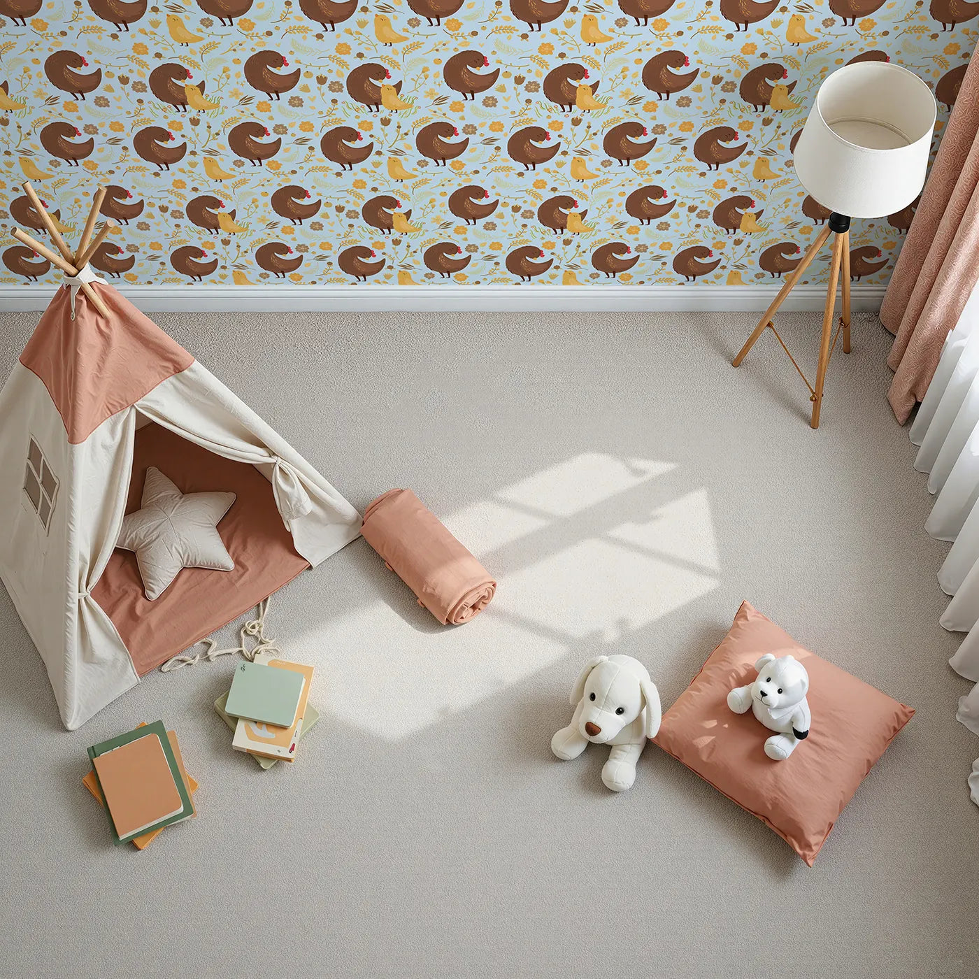 Top-Down view of Whimsy Tots' Hen and Chick Meadow Wallpaper in Sky Blue (W3161E).Fluffy chicks and cozy hens bloom across a gentle sky of love.