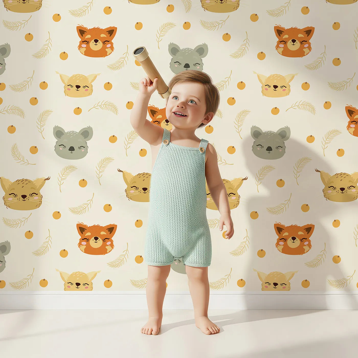 Lovely child standing in front of Whimsy Tots Outback Snuggle Faces Wallpaper in Cream with koala, fox, lynx, feather, berry in design.
