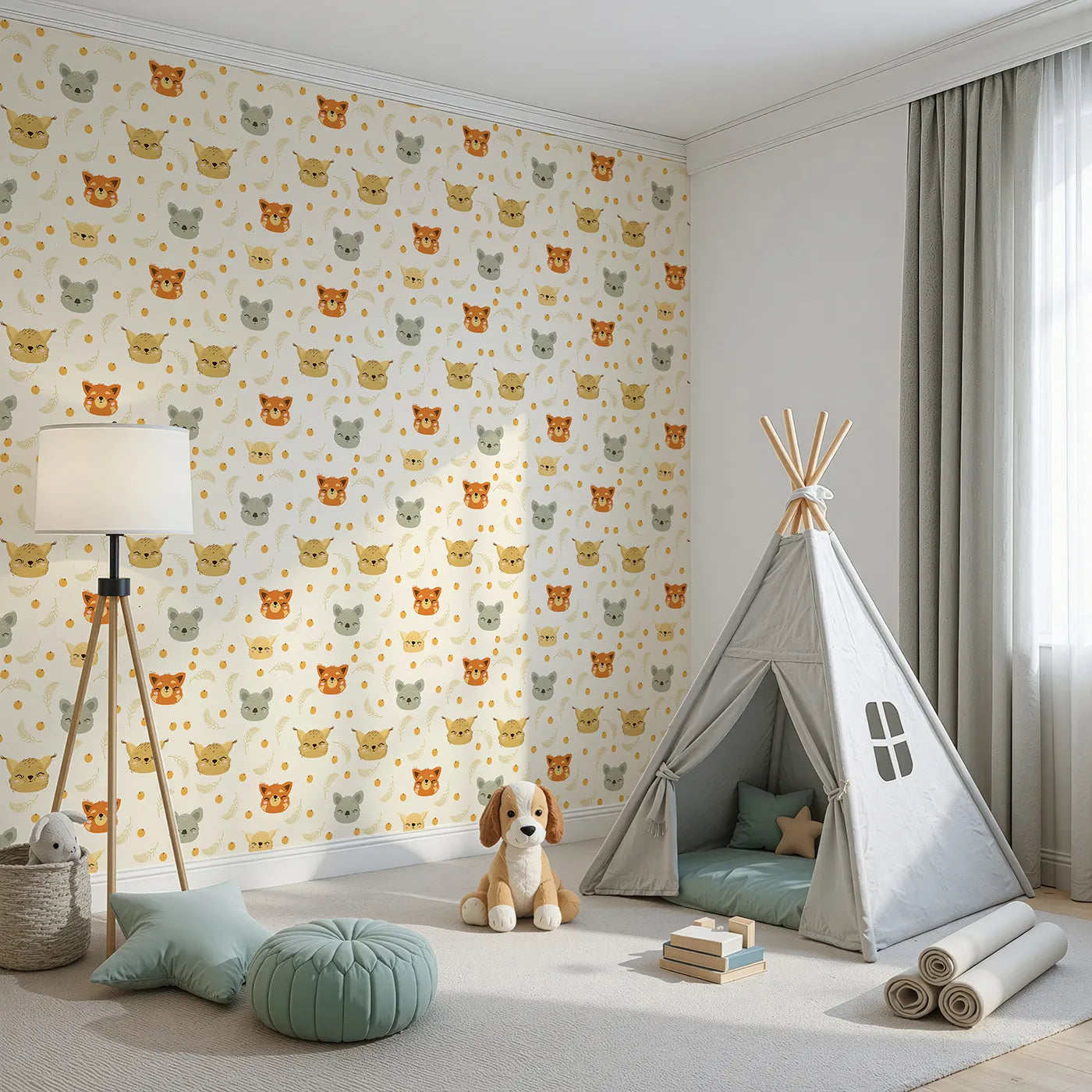 Angled view of Whimsy Tots' Outback Snuggle Faces Wallpaper in Cream (W3162A).Sweet animal faces peek out with love and laughter in every glance.