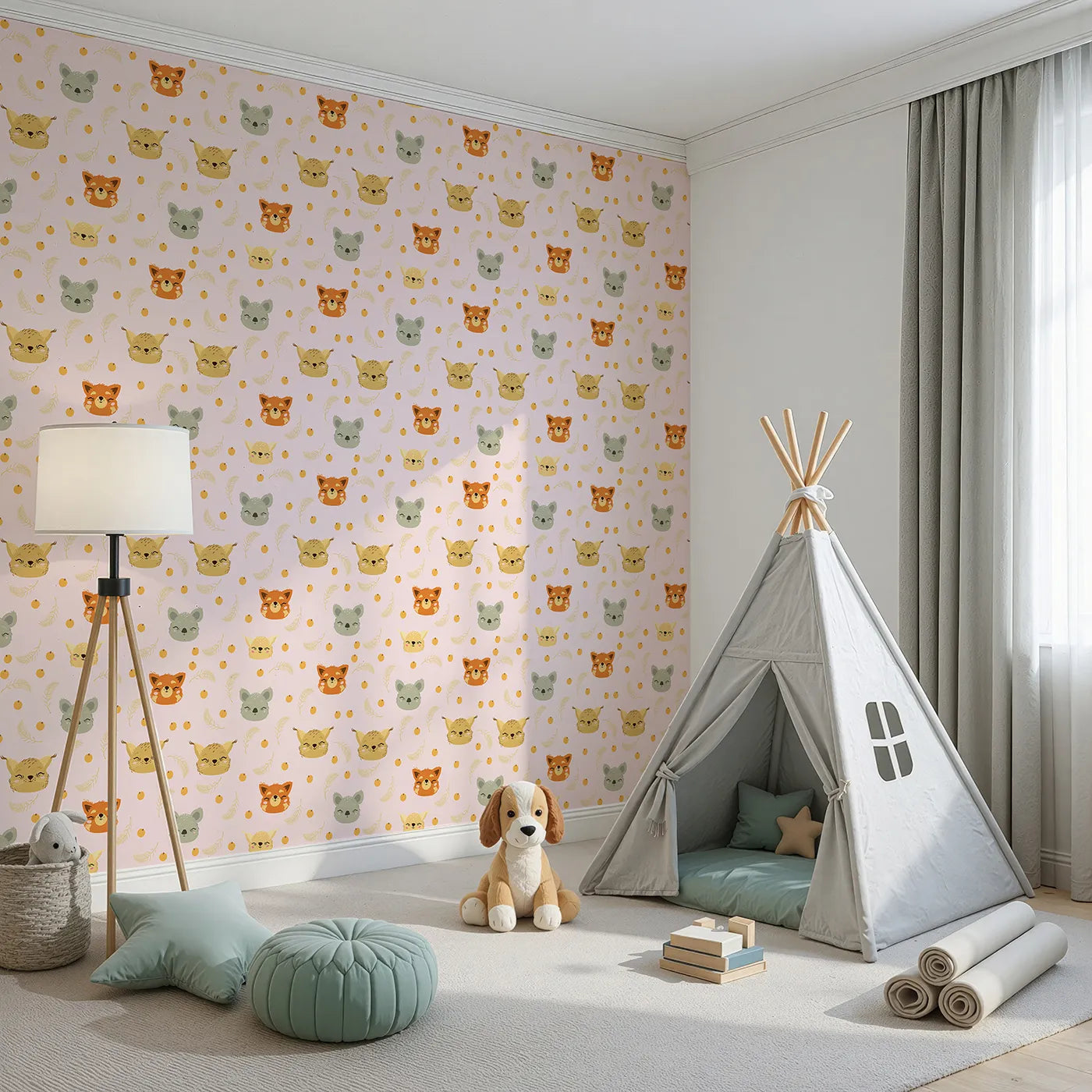 Angled view of Whimsy Tots' Outback Snuggle Faces Wallpaper in Blush Pink (W3162B).Gentle animal faces beam with joy across a field of pink and play.